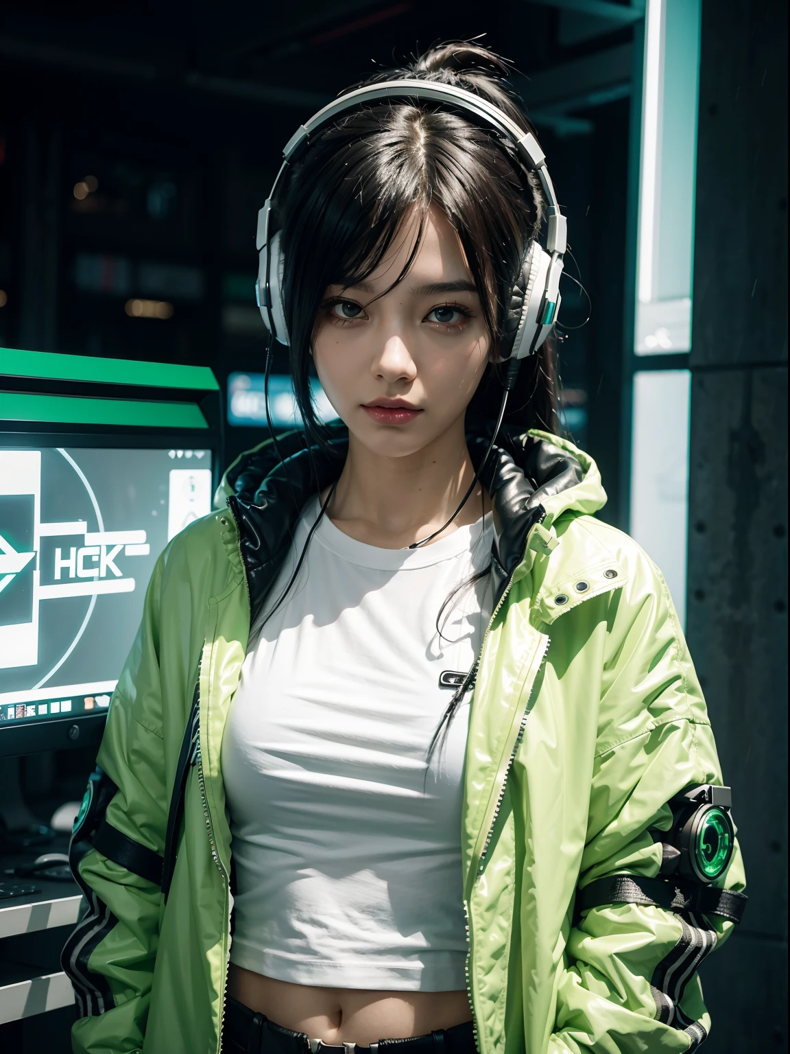 Cyberpunk girl, futuristic background with green lights, rainy punk city, cyber full moon, headphones, machanical body parts, best quality, wearing a long jacket with white T-shirt