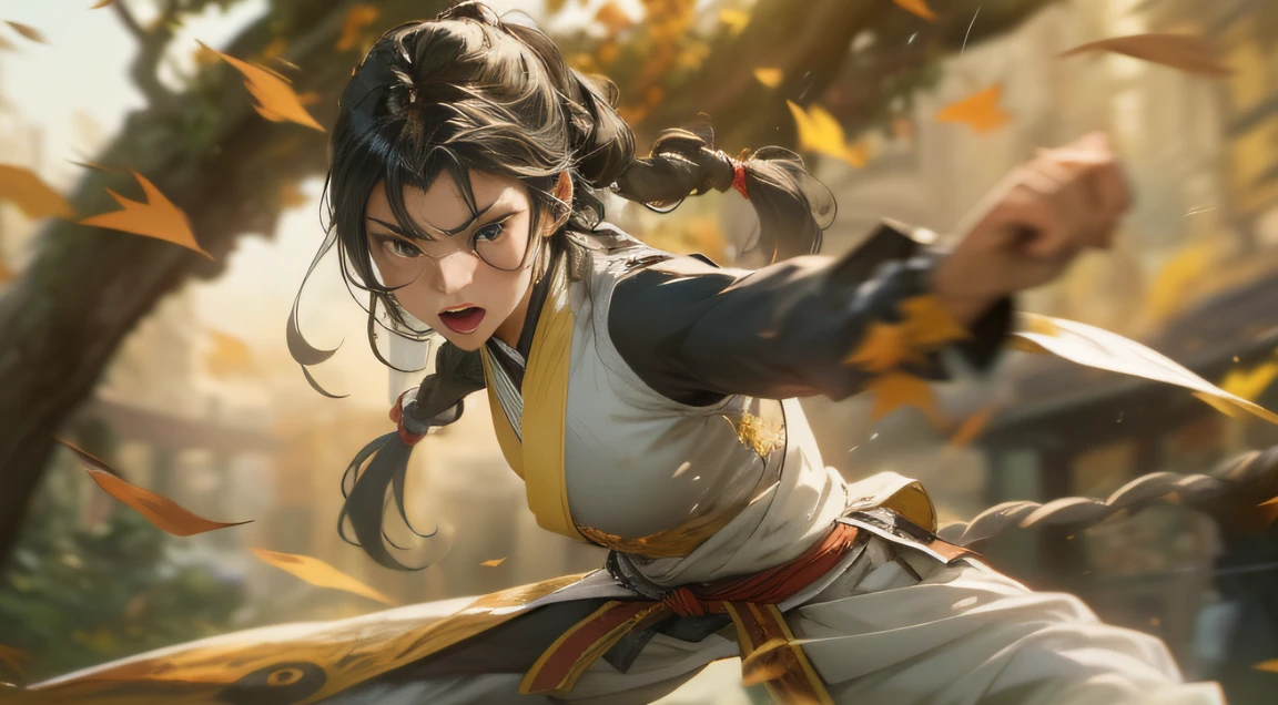 (realisticlying: 0.5)), ((best qualityer)), ((tmasterpiece)), ((A detailed)), ((high high quality)), ((foco nítido)), Kung Fu artist, Show off her martial arts prowess in a training camp full of strange stones. She does a dynamic fighting stance, Surrounded by swirling leaves and a sense of energy. The lighting is dramatic, Emphasize their determination. This scene captures the essence of the after-effects of becoming a legendary warrior.