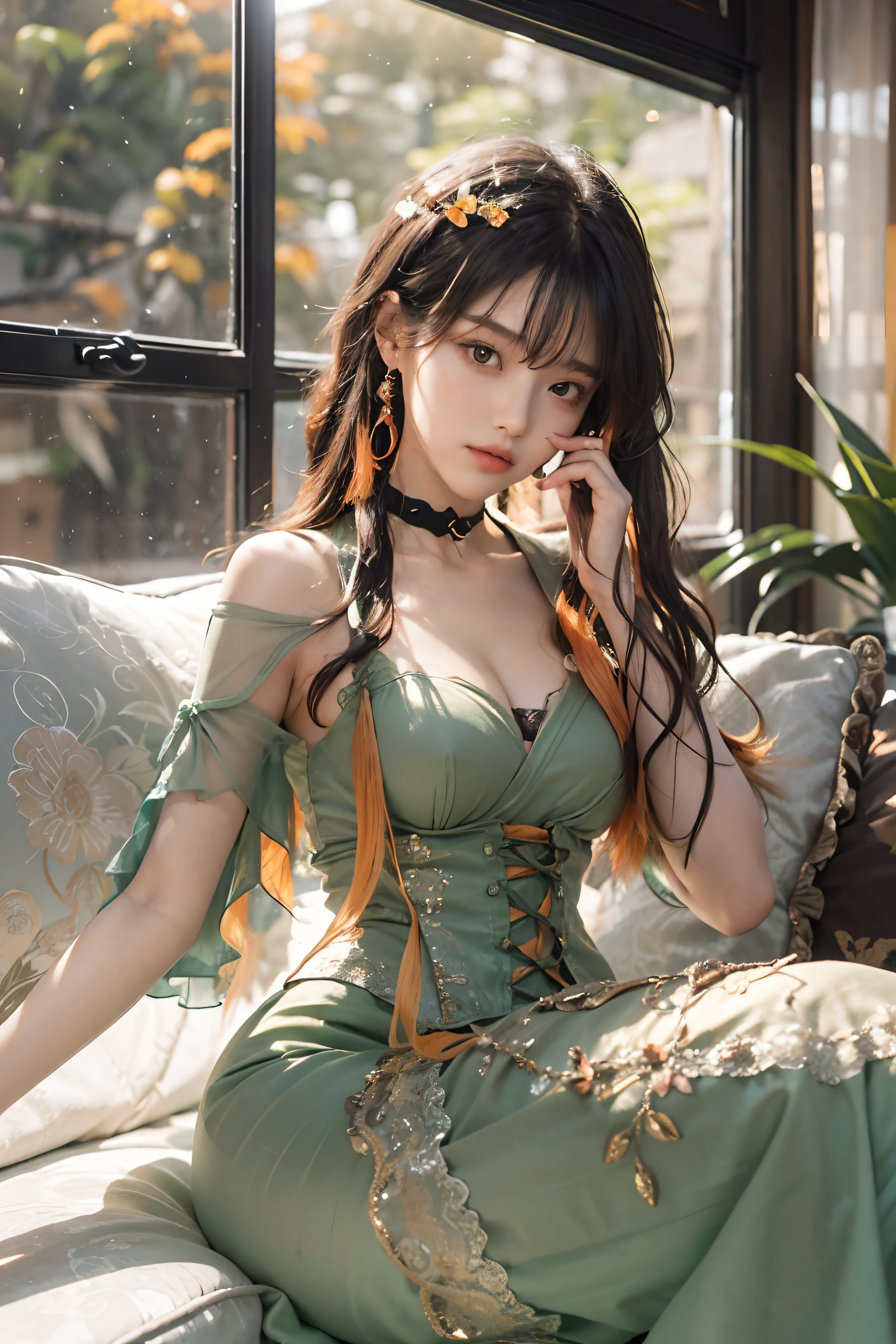 (upper Shot)、1girl in、in her 20s、((Medium Hair))、(((Black to orange gradient hair)))、((bangss))、(Photoreal Stick:1.2)、in 8K、(High quality shadows)、(A charming expression)、Detail Beautiful delicate face、Detail Beautiful delicate eyes、Cute K-pop Idol、(Korean Urzan Face)、pureerosface_v1、(looking at view)、gloweyes、perfectbody、((strong lights))、(a choker)、(piercings)、((Brown eyes))、((Beautiful Finger))、 Shiny hair、Description beautiful delicate hair、(Lustrous skin)、((Green see-through dress))、(corsets)、(long skirt)、 (early evening)、Background blur、灯光、huge window、(Strong Western Sun From the Window)、Flowers in a vase、Sit on a large sofa、