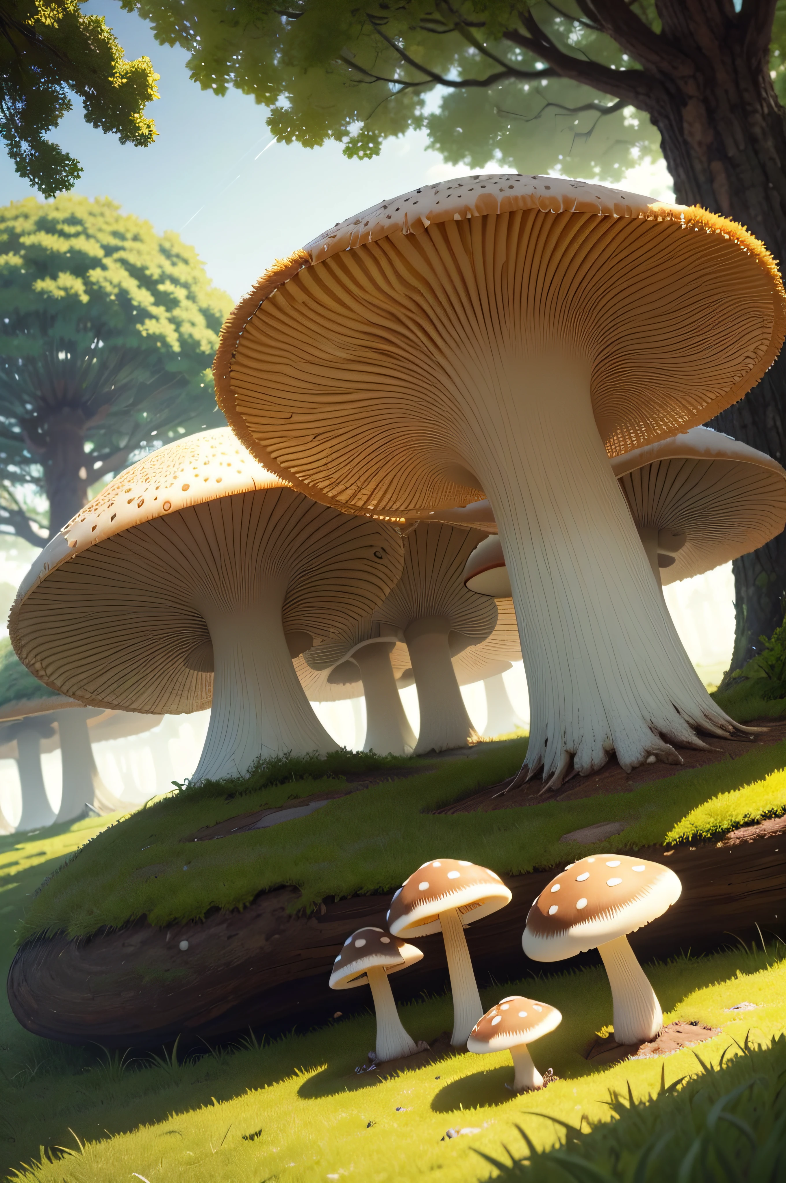 A masterpiece, the best quality, stunning reflections, the best reflections ever. (very detailed CG unity 8k wallpapers), (best quality), (best illustrations), (best shadows), glowing, (natural elements), (glow), (particle effects), A close-up of a group of mushrooms growing in the grass. The fungi are clustered together, with some standing tall and others lying flat on the ground. They have white caps that are slightly curved at the edges, and their stems range from light brown to dark brown in color. Moss is scattered around them, providing a lush green backdrop for this natural scene. The sunlight filters through the trees above, casting shadows across the landscape and highlighting each mushroom's unique shape and texture. This peaceful outdoor setting is perfect for anyone looking to reconnect with nature or simply take a moment to appreciate its beauty.