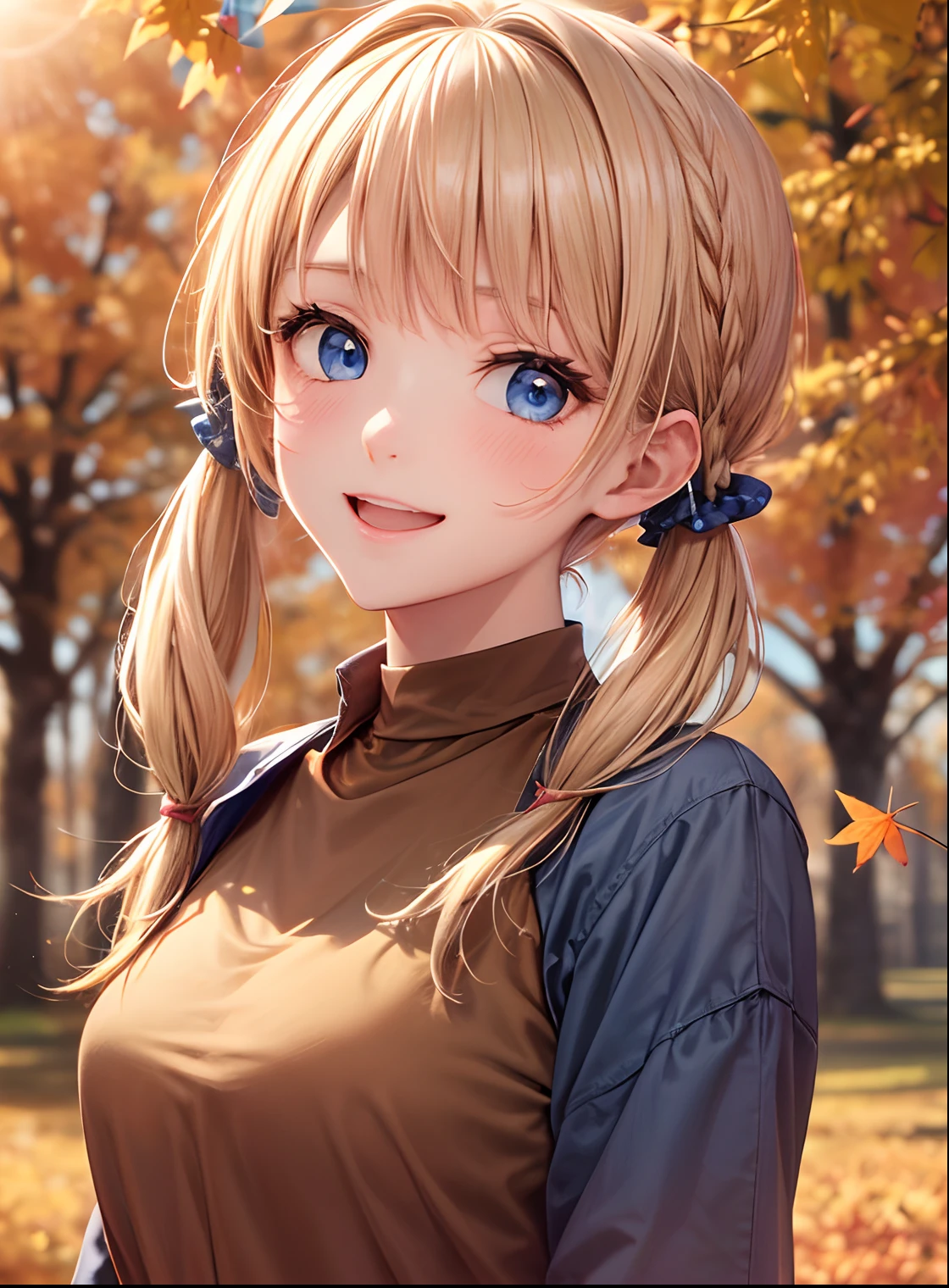 absurderes, ultra-detailliert,bright colour, extremely beautiful detailed anime face and eyes, 25 years old,(Blue sky in autumn:1.4)、In a row of ginkgo trees ,It is dotted with maples,asymmetrical bangs,(Blonde hair with short twin tails), Shiny hair, Delicate beautiful face, red blush、(Deep Blue Eyes:1.3), White skin, hair clips, (Brown shirt:1.4)、Happy smile、Slender body、(sun light)、a choker、
