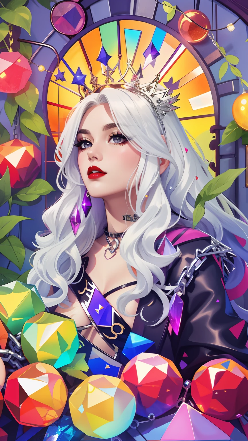 tarot card, Model: long wavy hair, full scarlet dark lips, Smoky eyes, BREAK,, Broken glass, crystals, neon lights, BREAK, Polychromatic geometric patterns,Heart, Arms and legs, BREAK, Accessories: Chrome-plated chains with torn body, Silver Choker, black feathered white black wings, Naked, Topless, naked body,BREAK,on chair, looking forward. tmasterpiece, Masterpiece quality