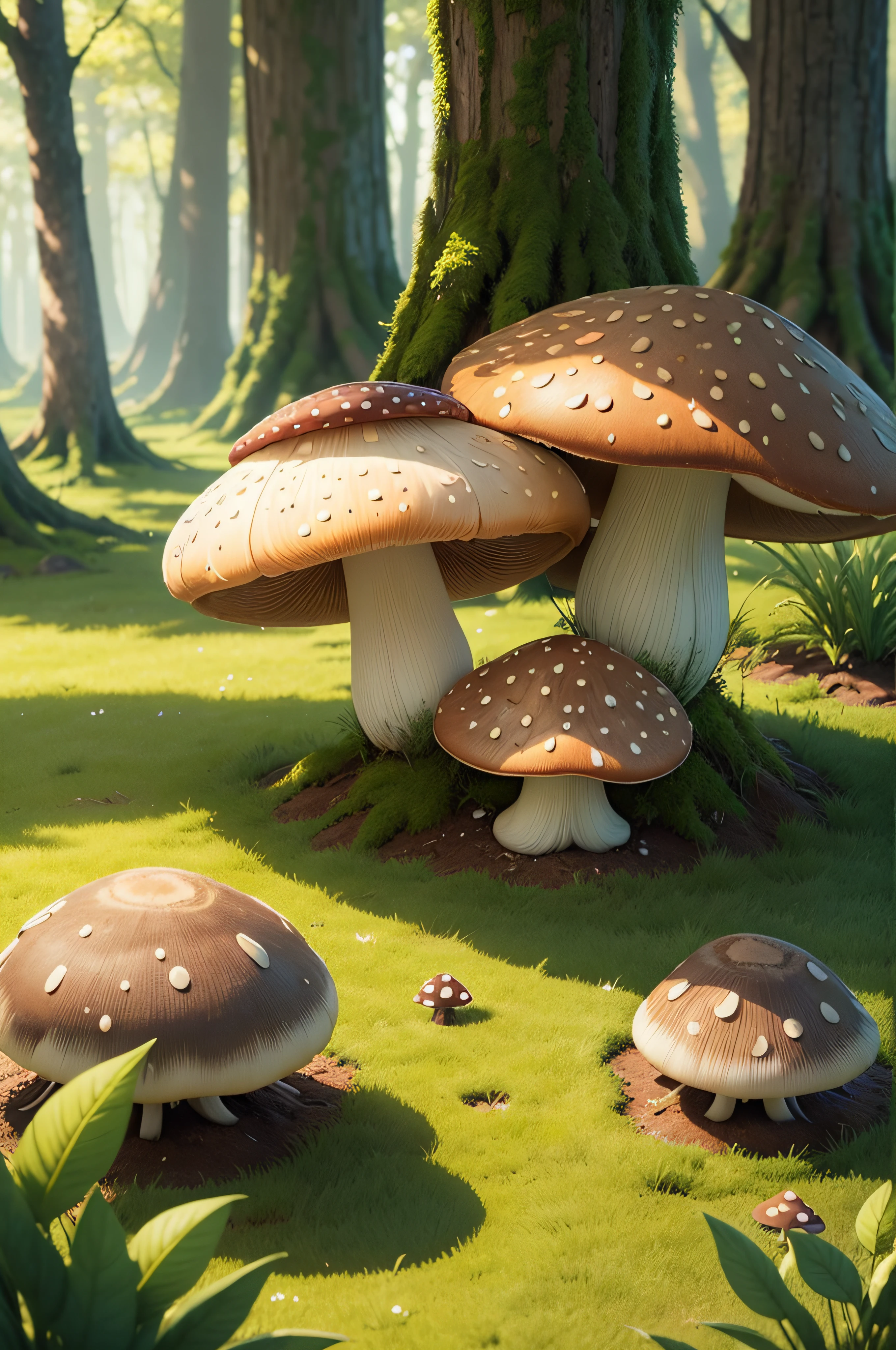 A masterpiece, the best quality, stunning reflections, the best reflections ever. (very detailed CG unity 8k wallpapers), (best quality), (best illustrations), (best shadows), glowing, (natural elements), (glow), (particle effects), A close-up of a group of mushrooms growing in the grass. The fungi are clustered together, with some standing tall and others lying flat on the ground. They have white caps that are slightly curved at the edges, and their stems range from light brown to dark brown in color. Moss is scattered around them, providing a lush green backdrop for this natural scene. The sunlight filters through the trees above, casting shadows across the landscape and highlighting each mushroom's unique shape and texture. This peaceful outdoor setting is perfect for anyone looking to reconnect with nature or simply take a moment to appreciate its beauty.