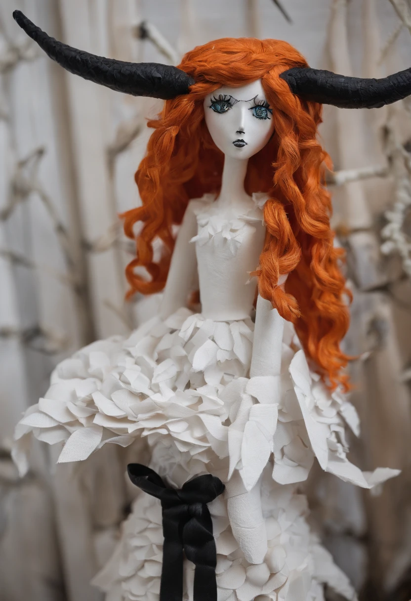 A  girl, shaggy long orange hair, Dressed in white bandages on her torso, white top, Tied white cloth on the torso,Black Long Horns, red-eyes, pale skin,black wings , Staff in hand
