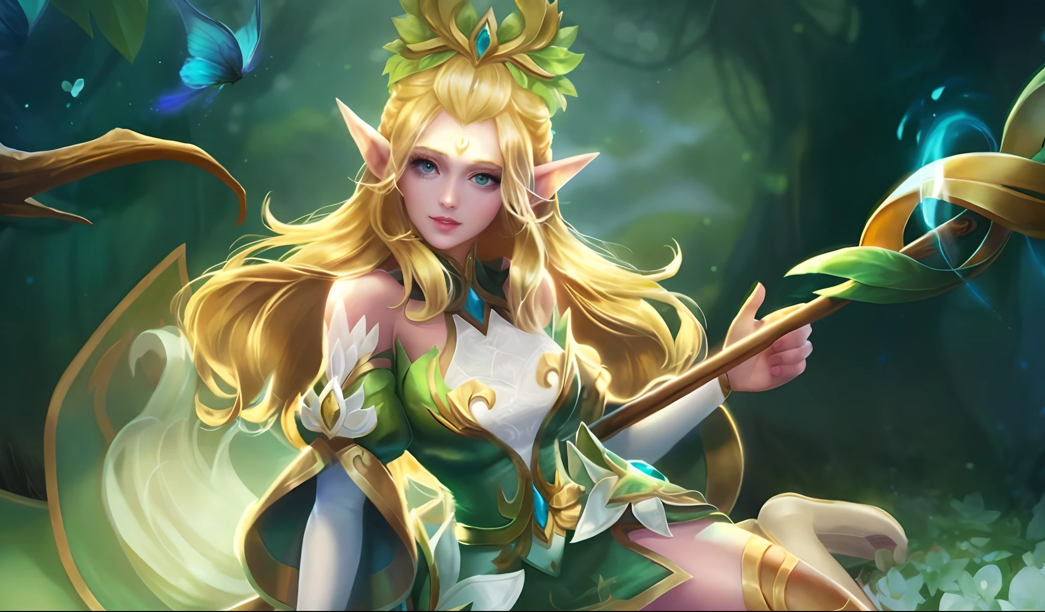 A woman in a green dress holding a wand and a green staff, fey queen of the summer forest, elf queen nissa genesis mage, Cavaleiro elfo sedutor da princesa, rainha elfa, Princesa elfa, uma rainha elfa, Menina elfa, Um guerreiro esmeralda loiro, Rainha elfa bonita e elegante, Astri Lohne, Retrato de uma rainha elfa, Artgerm Plano