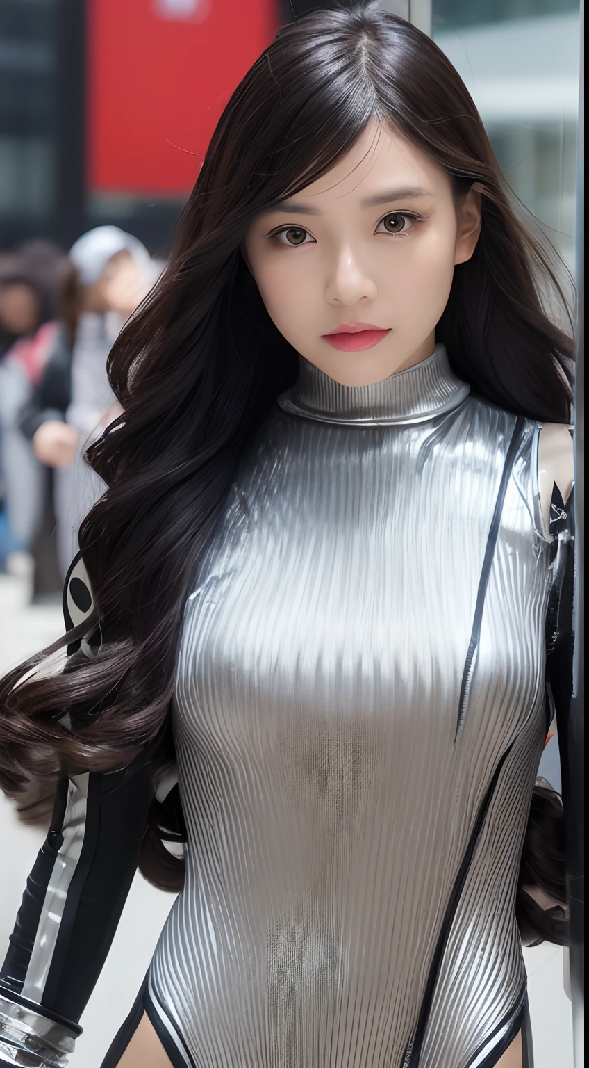 one Filipina model ,Unique hair details, futuristic dress in the style of virtual and augmented reality, industrial and product design, transparent/translucent medium, full body shot, Hi fashion photo, at Shibuya city, Winter, detailed eyes, double eyelid, plump lips, wavy hair, professional makeup, detailed face, hyper res