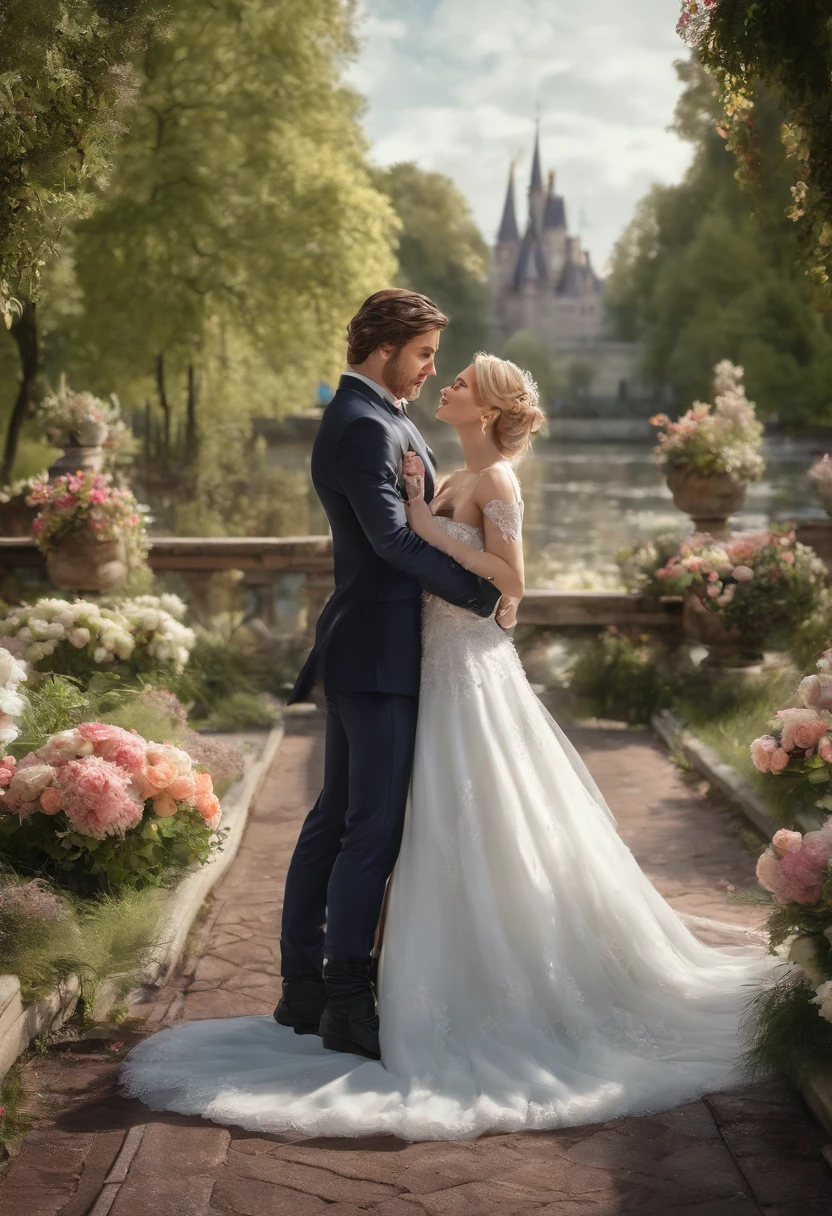 (best quality,4k,8k,highres,masterpiece:1.2),ultra-detailed,(realistic,photorealistic,photo-realistic:1.37),portrait,prince,princess,black hair,blonde hair,wedding,married,couple,love,happy,white suit,white wedding dress,black carriage,fairytale,dreamy,magical,facing the camera,royal,castle,romantic,joy,celebration,wedding ceremony,flowers,bouquet,happiness,smiles,lighting effects,vibrant colors