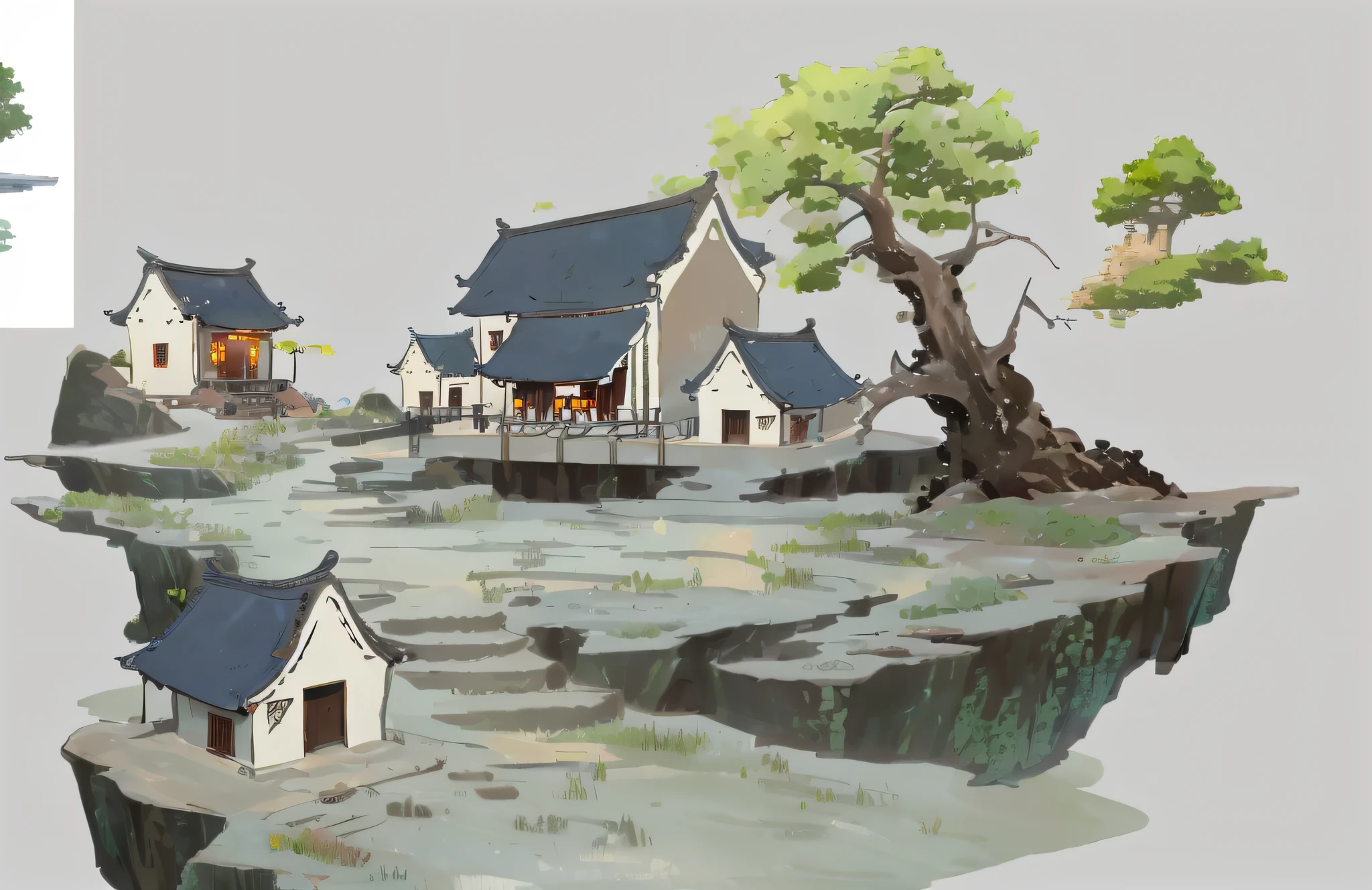 There are a lot of houses on the cliff，There is a tree, Asian Village, scenery game concept art, old asian village, 2d game environment design, environment design illustration, painted as a game concept art, inspired by senior environment artist, Anime landscape concept art,  concept art for a video game, environment design, environment concept, Chinese village, game environment design，vegetation，Terrain is high and low，Rich in light and shadow，Station A trend，steins，House structure