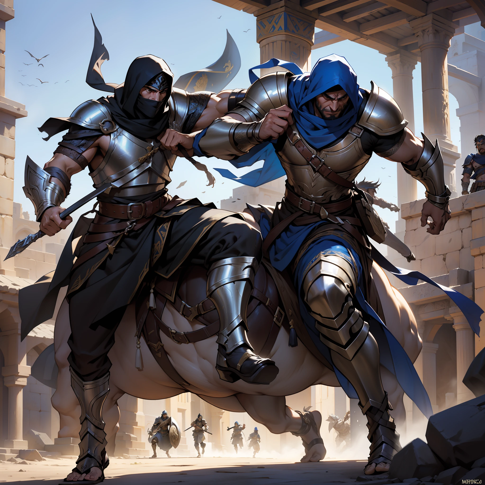 Darksiders style Moroccan warrior ultra detailed muscular warrior wearing Islamic armor carry medieval war battle environment medieval atmosphere moroccans men fight each other10 characters fighting in scene scene legendary epic movie hyper realistic super detailed poses super detailed super detailed poses super detailed correct proportions full proportions Anatomy