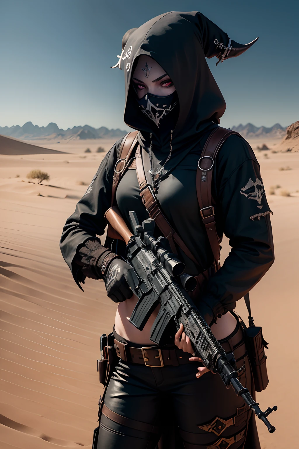 A woman in a black outfit holding a gun in a desert - SeaArt AI