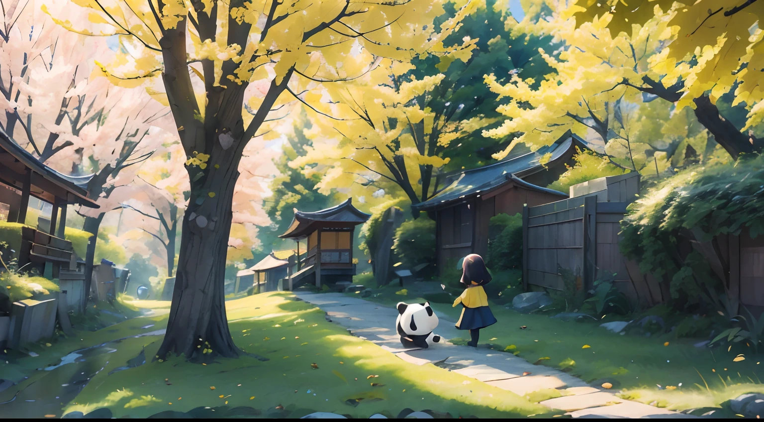 Yellow ginkgo tree,There is a cartoon girl, A panda,Littleand panda walk under yellow ginkgo trees, There are a lot of ginkgo leaves on the ground,Overlooking, landscape,Morning, Soft light, Ray tracing, ghibli artstyle, hand painted style