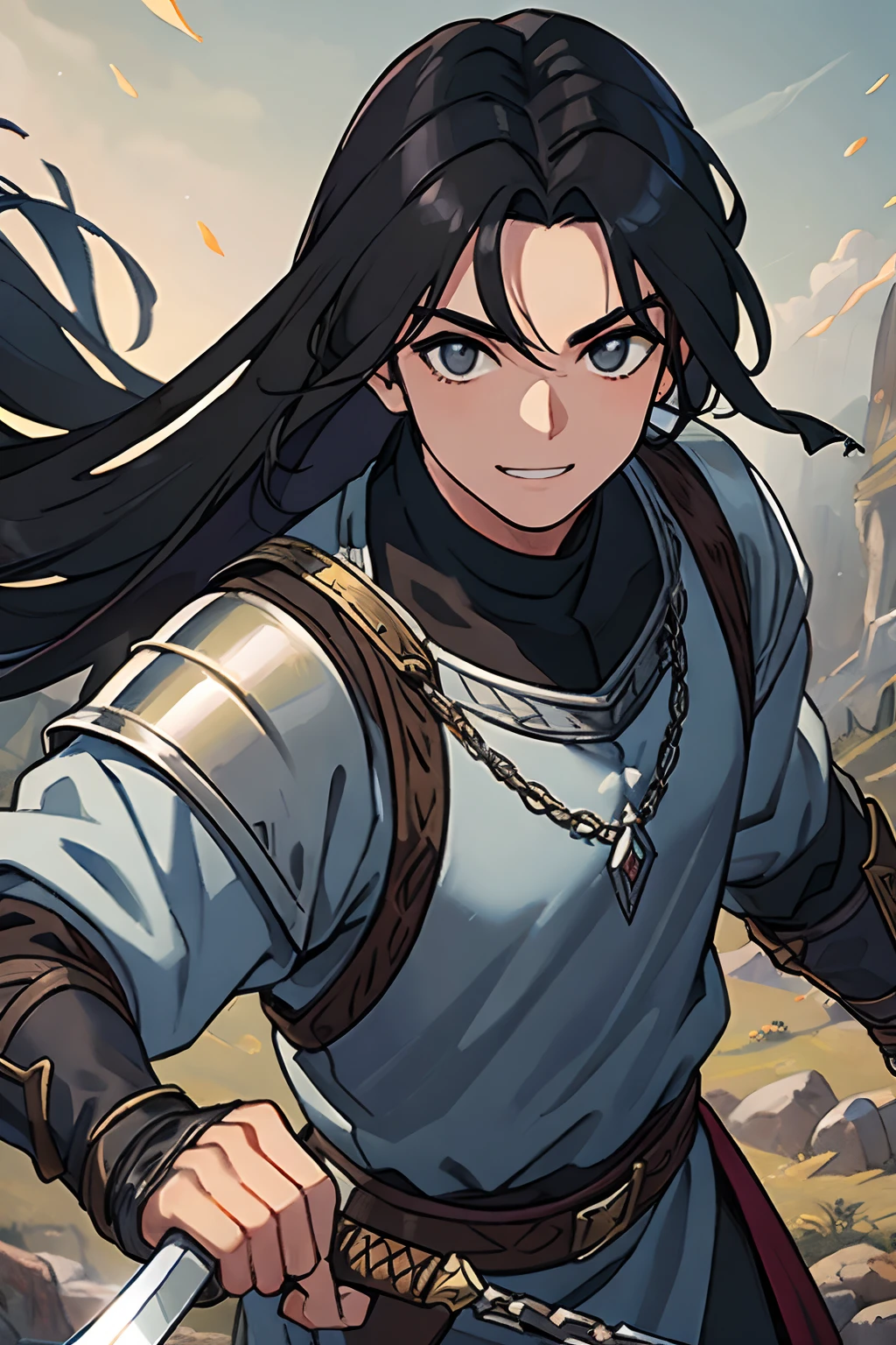 Middle-aged human male oil painting medieval fantasy warrior sword axe bow silver chain armor long black hair, closeup do homem 55yo sujo, cabelos grisalhos, sorriso fraco, enrugado, desgastado,