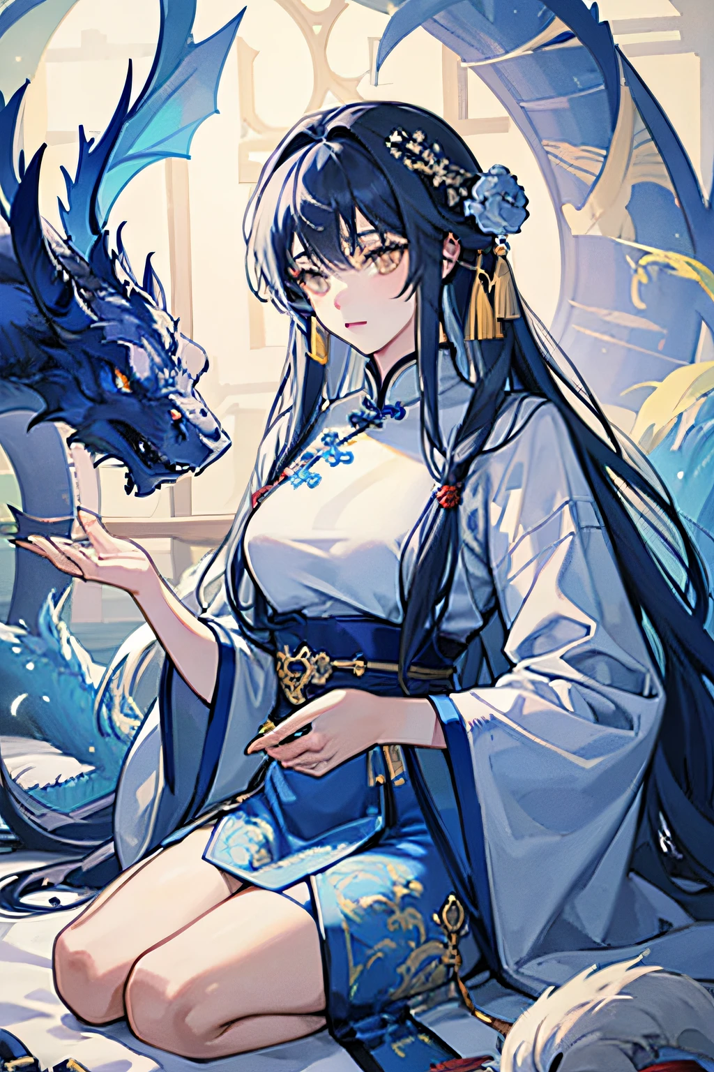 Personification of the Blue Dragon chinese clothes Eau The long-haired Navy hair Yellow eyes Beautie Blue dragons are entangled