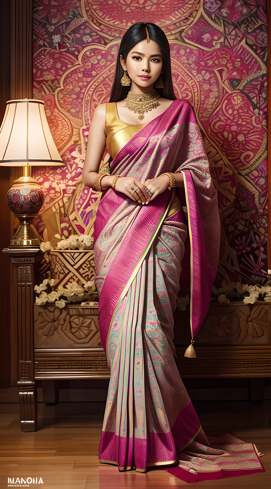 "Step into a world of color and tradition as    Lalisa Manobal  dons  a stunning saree, her full body draped in intricate patterns and rich fabrics."