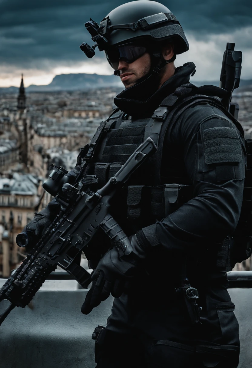 male French soldier, male focus, black SWAT outfit, he is on the side of an Armored SWAT car, in a city, he is heavily armed with a bullpup rifle, city backdrop, ultra detailed scenery, ultra sharp focus