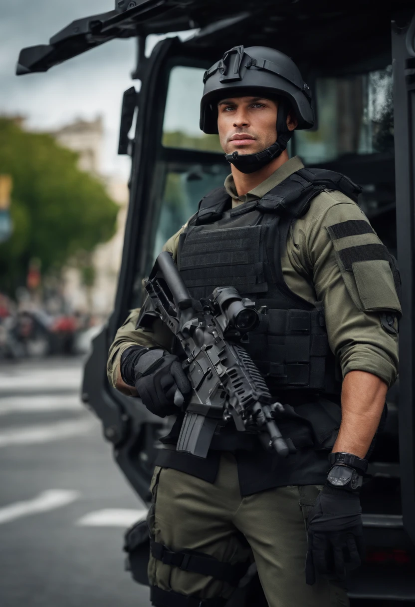 male French soldier, male focus, black SWAT outfit, he is on the side of an Armored SWAT car, in a city, he is heavily armed with a bullpup rifle, city backdrop, ultra detailed scenery, ultra sharp focus
