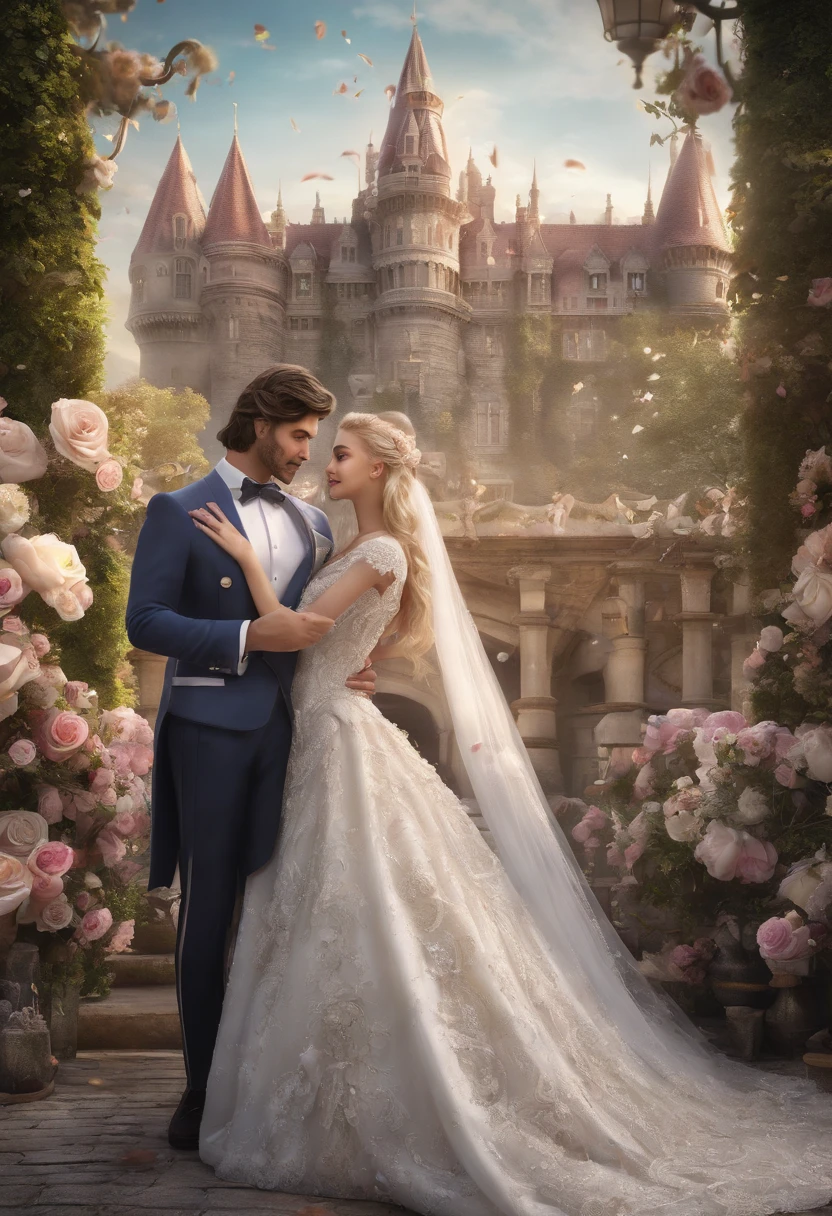 A black hair prince and a blonde princess are married, wearing a white suit and a white wedding dress, a white carriage, dream magical, facing the camera, view from the front. (best quality, 4k, 8k, highres, masterpiece:1.2), ultra-detailed, (realistic, photorealistic, photo-realistic:1.37), fairy tale, romantic, enchanting, soft color tones, magical lighting, intricate lace details, flowing dresses, sparkling tiaras, blooming flowers, grand castle in the background, joyful atmosphere, ethereal atmosphere, the prince with a gentle smile, the princess with radiant beauty, rose petals showering from the sky, happy celebration, love-filled expressions, elaborate decorations, happy tears, magical sparks, everlasting love.