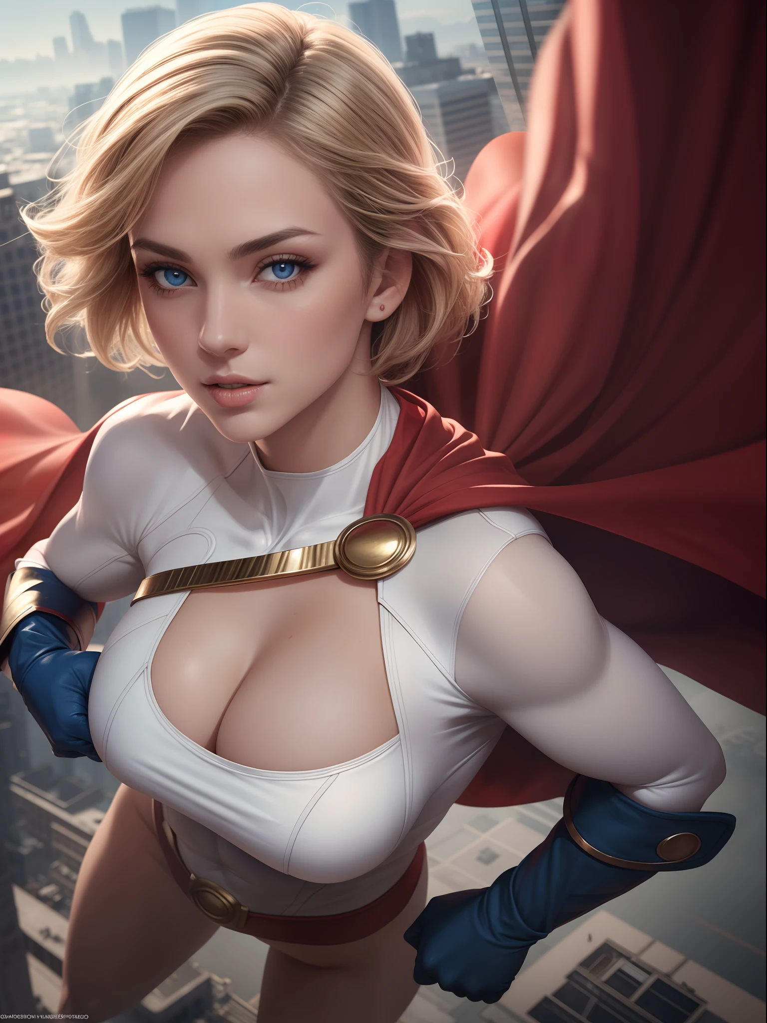 sexy masterpiece, best quality, highest quality, high definition, highly detailed, 8K, Power Girl in costume flying in the sky, blue gloves, red cape, athletic and fit body, naughty, perfect hands, detailed hands, perfect eyes, detailed eyes, flirty, sexy, realistic, HDR, UHD, dynamic, cleavage