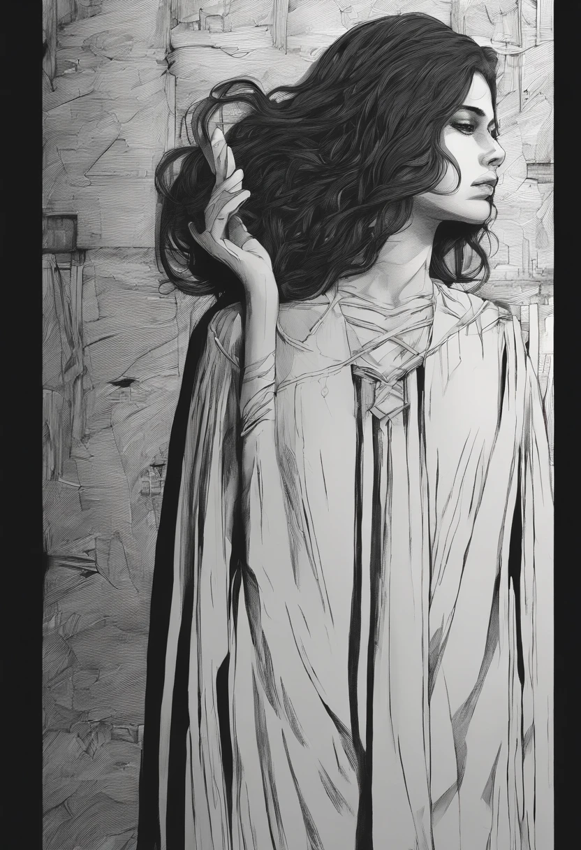 Una joven con un vestido blanco hecho jirones, her long hair darkening part of her melancholy face. Sus ojos parecen oscuros, and a mysterious smile crosses his pale face from time to time.. She stands in the corner of a dark room., como si esperara con profunda tristeza. Yet, The most chilling thing is the long shadow it casts on the wall.., Looking bigger and more ominous than her own figure. Es como si fuera una ventana a su alma herida y aislada., hinting at a story possibly even scarier than meets the eye