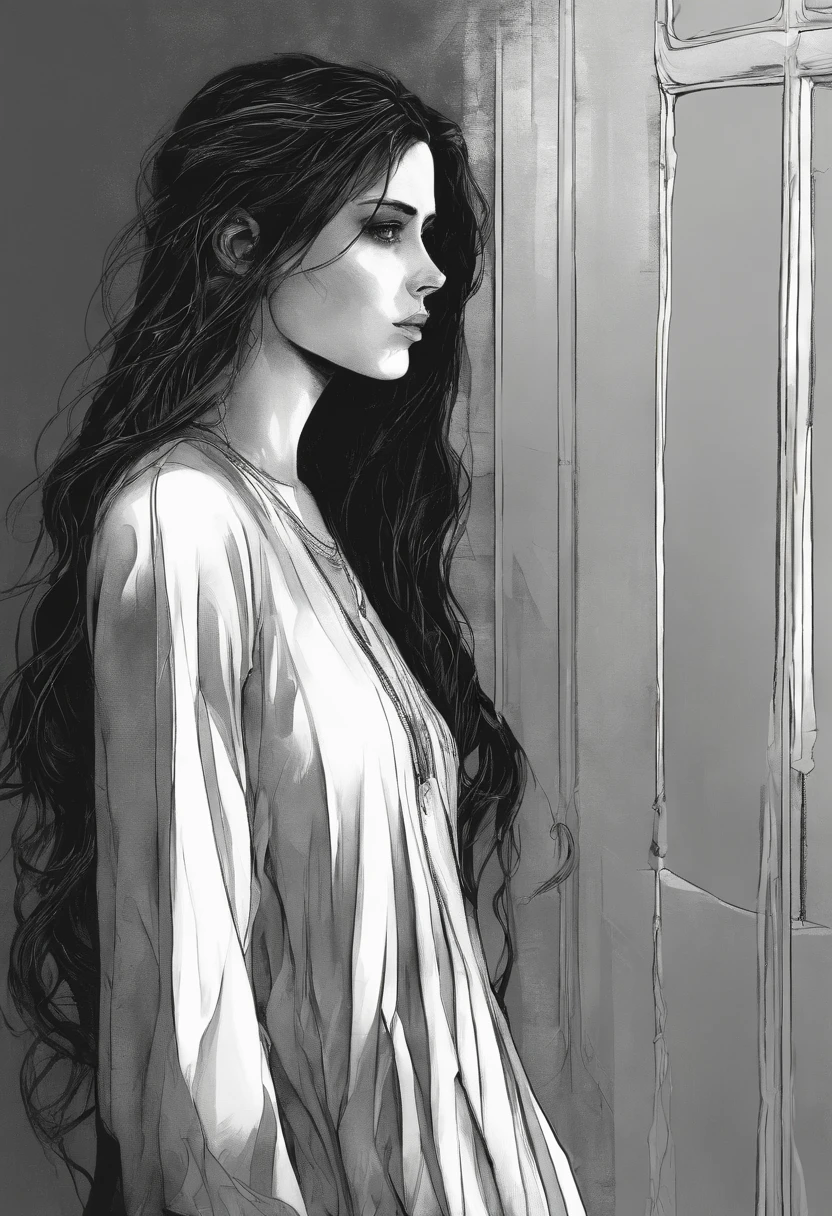 Una joven con un vestido blanco hecho jirones, her long hair darkening part of her melancholy face. Sus ojos parecen oscuros, and a mysterious smile crosses his pale face from time to time.. She stands in the corner of a dark room., como si esperara con profunda tristeza. Yet, The most chilling thing is the long shadow it casts on the wall.., Looking bigger and more ominous than her own figure. Es como si fuera una ventana a su alma herida y aislada., hinting at a story possibly even scarier than meets the eye