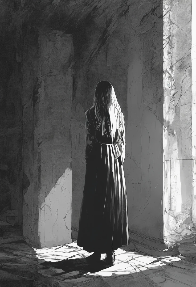 Una joven con un vestido blanco hecho jirones, her long hair darkening part of her melancholy face. Sus ojos parecen oscuros, and a mysterious smile crosses his pale face from time to time.. She stands in the corner of a dark room., como si esperara con profunda tristeza. Yet, The most chilling thing is the long shadow it casts on the wall.., Looking bigger and more ominous than her own figure. Es como si fuera una ventana a su alma herida y aislada., hinting at a story possibly even scarier than meets the eye