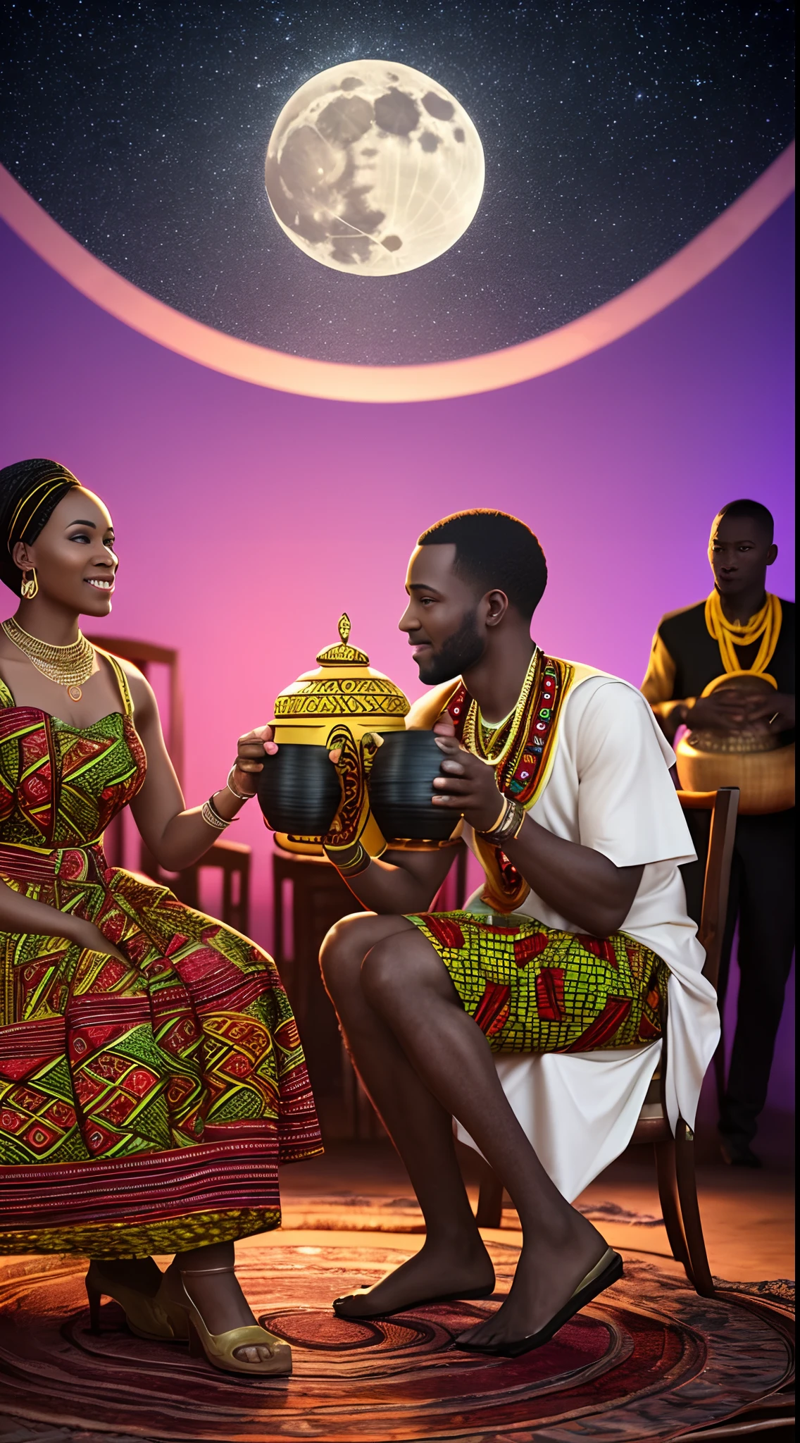 Wide angle shot of a Traditional African marriage of a black man and black woman both wearing African traditional clothes, sitting on african designed chairs,  people in background carrying pots and african designed instruments like drums, in an empty area full of celebrating congregation carrying african instruments and african designed pots, night time with a blue moon shining a beautiful vibrant light,  with iridescent light, photorealistic image, 32k, ultra HD, cinematic lighting, cgsociety 9, deviantart, highly detailed facial features, highly detailed hands and legs, high quality resolution, high quality image --auto --s2
