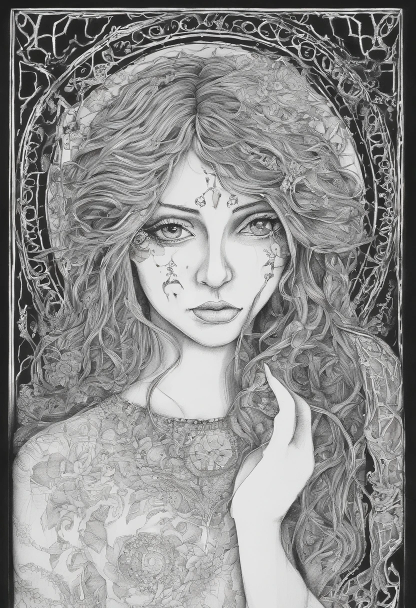 Una joven con un vestido blanco hecho jirones, her long hair darkening part of her melancholy face. Sus ojos parecen oscuros, and a mysterious smile crosses his pale face from time to time.. She stands in the corner of a dark room., como si esperara con profunda tristeza. Yet, The most chilling thing is the long shadow it casts on the wall.., Looking bigger and more ominous than her own figure. Es como si fuera una ventana a su alma herida y aislada., hinting at a story possibly even scarier than meets the eye