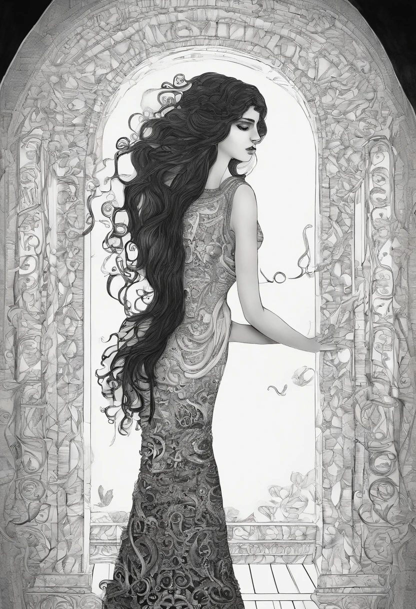 Una joven con un vestido blanco hecho jirones, her long hair darkening part of her melancholy face. Sus ojos parecen oscuros, and a mysterious smile crosses his pale face from time to time.. She stands in the corner of a dark room., como si esperara con profunda tristeza. Yet, The most chilling thing is the long shadow it casts on the wall.., Looking bigger and more ominous than her own figure. Es como si fuera una ventana a su alma herida y aislada., hinting at a story possibly even scarier than meets the eye
