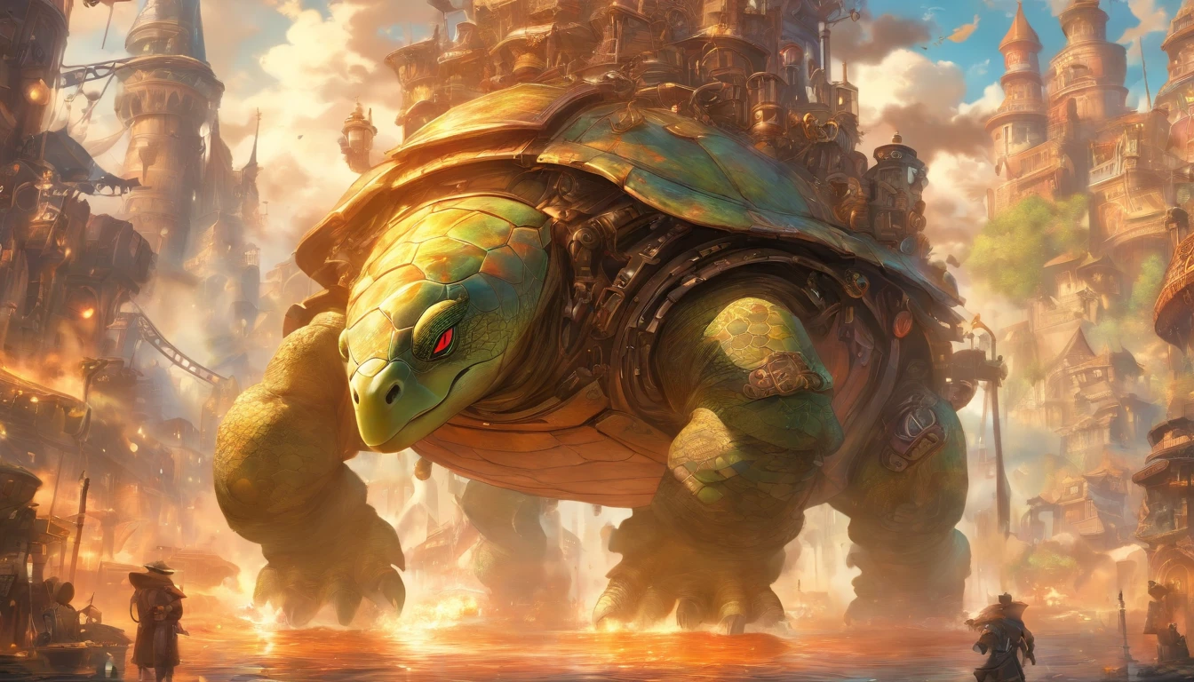 steampunc,Wasteland,Huge mechanical moving castle,anthropomorphic turtle,Stout limbs,dynamic blur,super-fine,ultra - detailed,high qulity,8K ,oc rendered,dynamic viewing angle,Hyper Real,Ultra photo realsisim