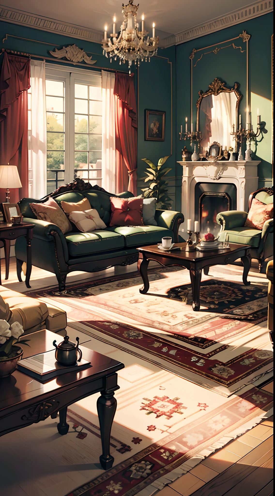 Photography, sofa, tea table, ( living room), curtains, waxy candles, decorations, wooden floor, carpet, fireplace
