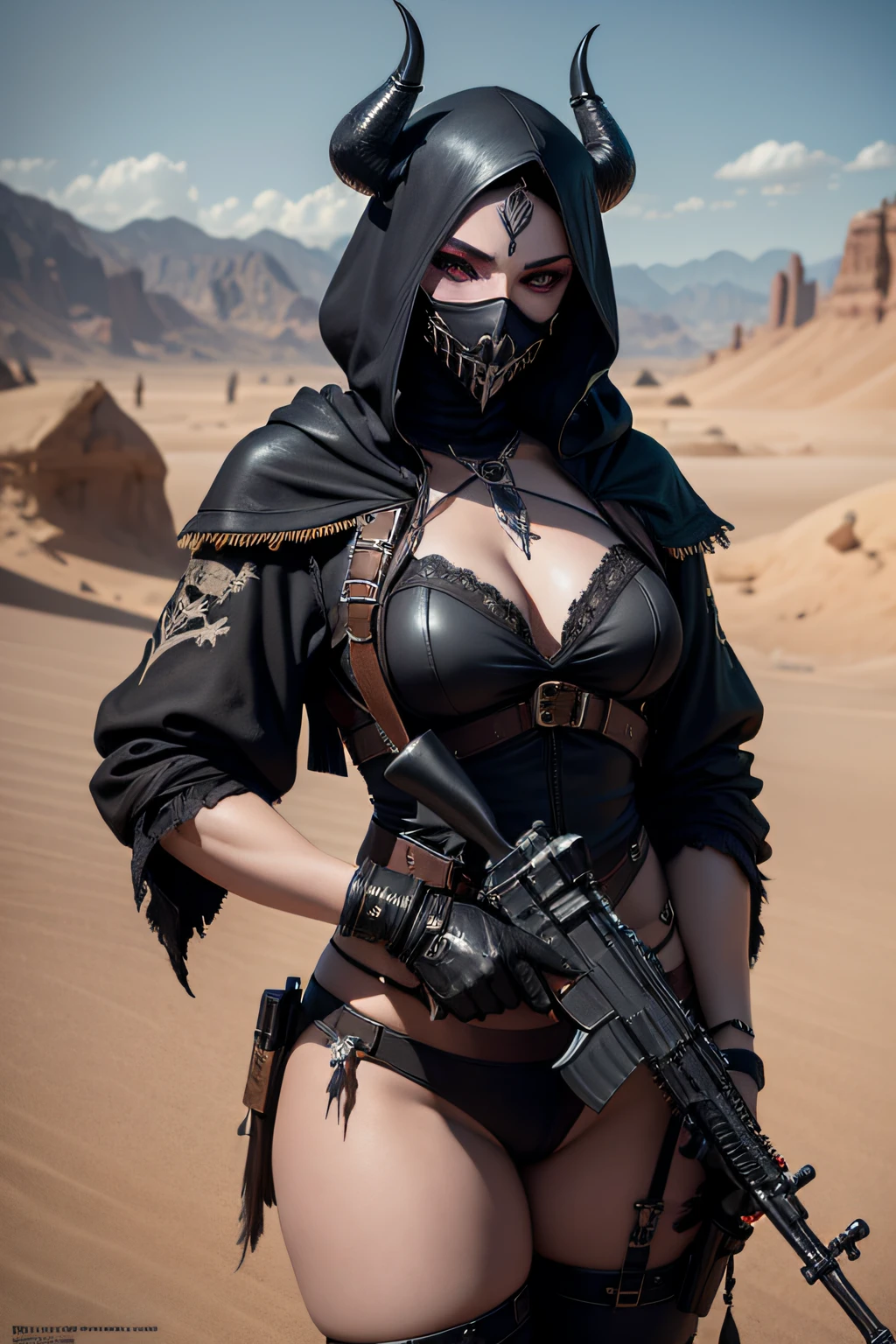 dark art darkweb pirate sexy malefique, Using an anonymous mask, in the desert, porte une arme Barrett Firearms Model 82 avec ses deux mains, darkness,obscur,4K