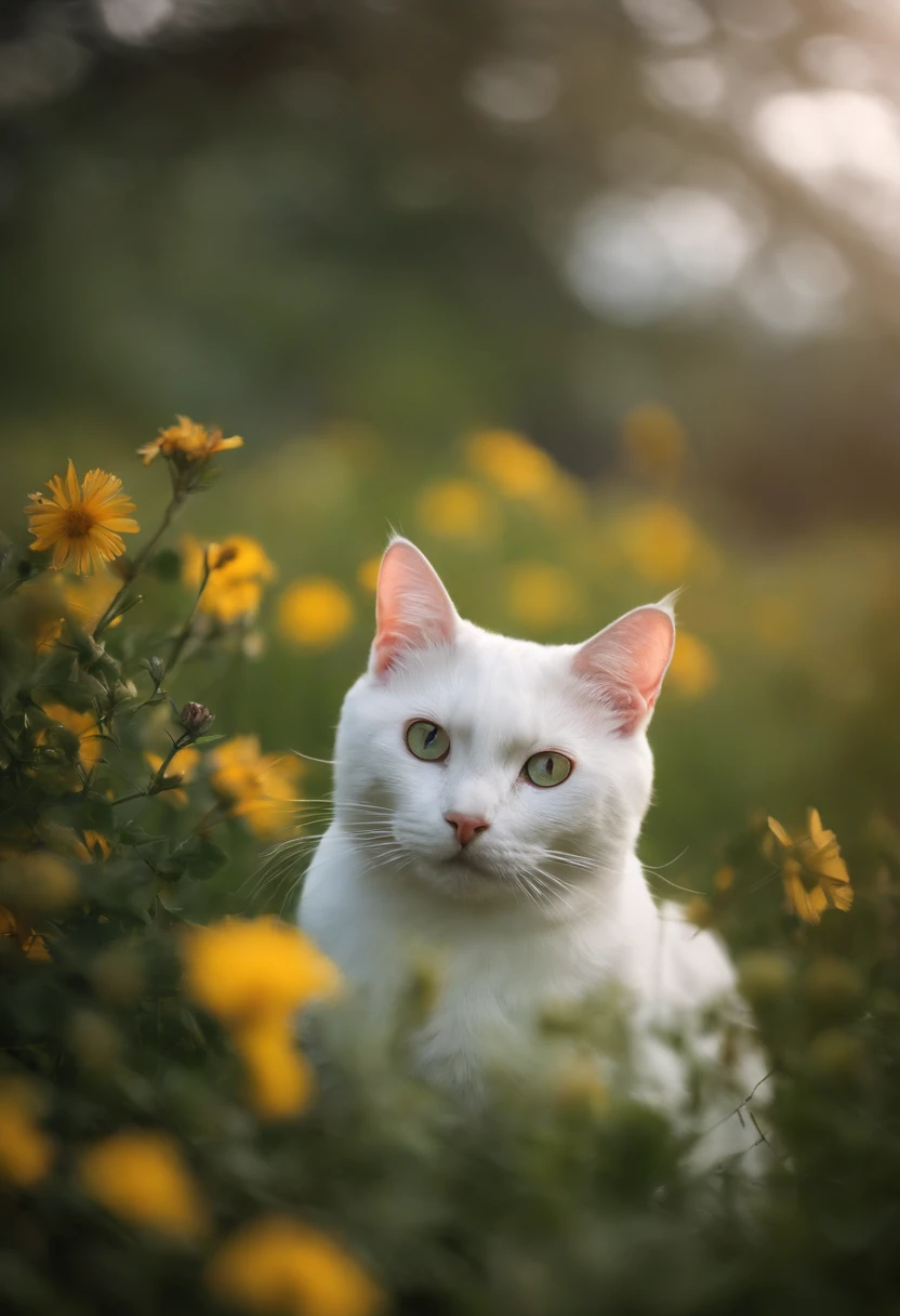 There is a white cat sitting on the grass and flowers, fotografia de baixa qualidade, em um campo de flores, sentado em um campo de flores, foto de baixa qualidade, Rinko Kawauchi, sentado em uma nuvem fofa, em uma tempestade, Gato Branco, com um filtro assustador aplicado, a still of an ethereal, foto do gato, durante uma tempestade, filtro verde, campo de grama e flores, gato branco