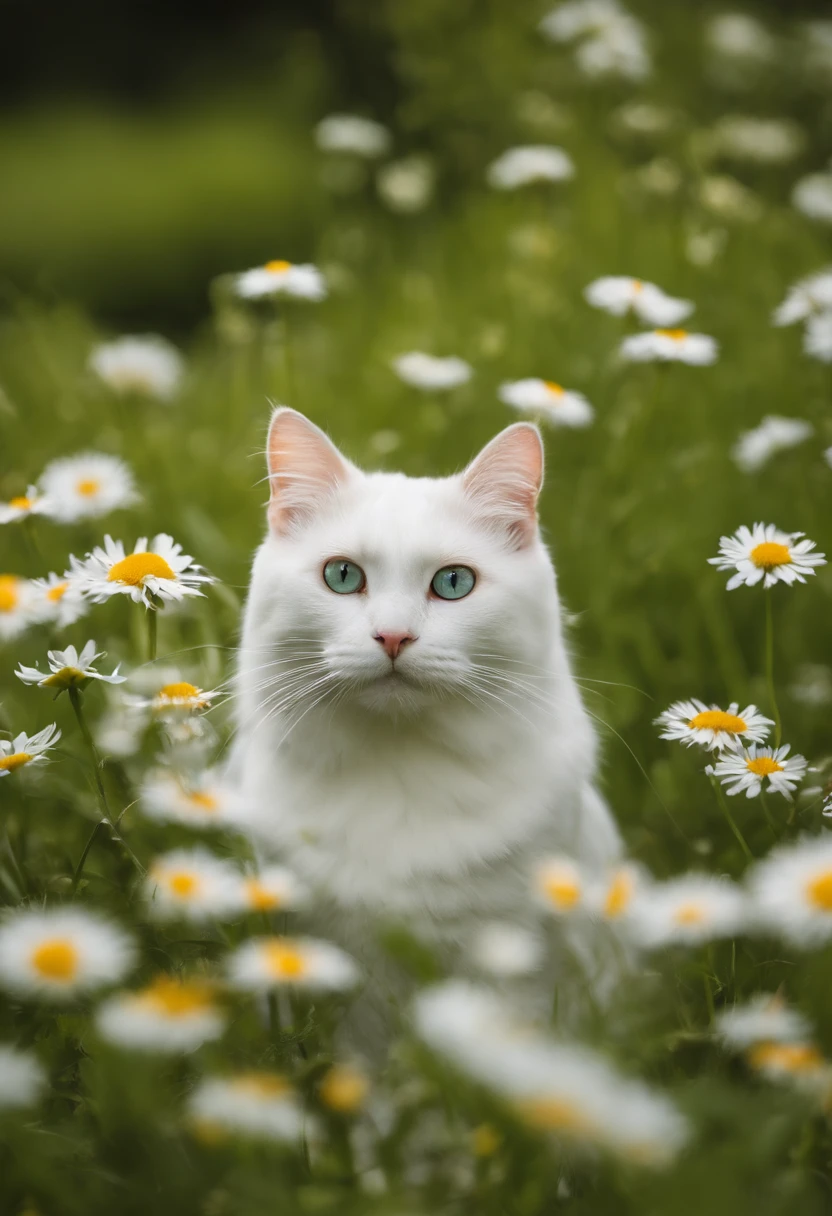 There is a white cat sitting on the grass and flowers, fotografia de baixa qualidade, em um campo de flores, sentado em um campo de flores, foto de baixa qualidade, Rinko Kawauchi, sentado em uma nuvem fofa, em uma tempestade, Gato Branco, com um filtro assustador aplicado, a still of an ethereal, foto do gato, durante uma tempestade, filtro verde, campo de grama e flores, gato branco