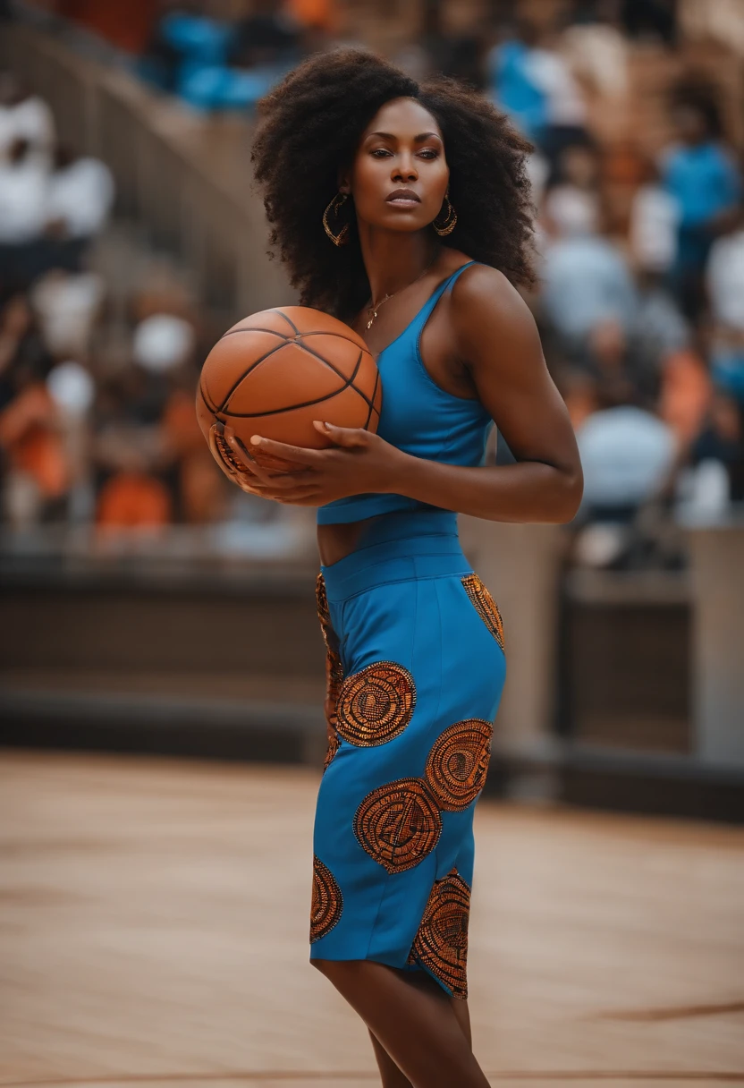 FEMME AFRICAINE AUX YEUX BLEU CULOTTE SUR OR JOUE AU BASKETBALL