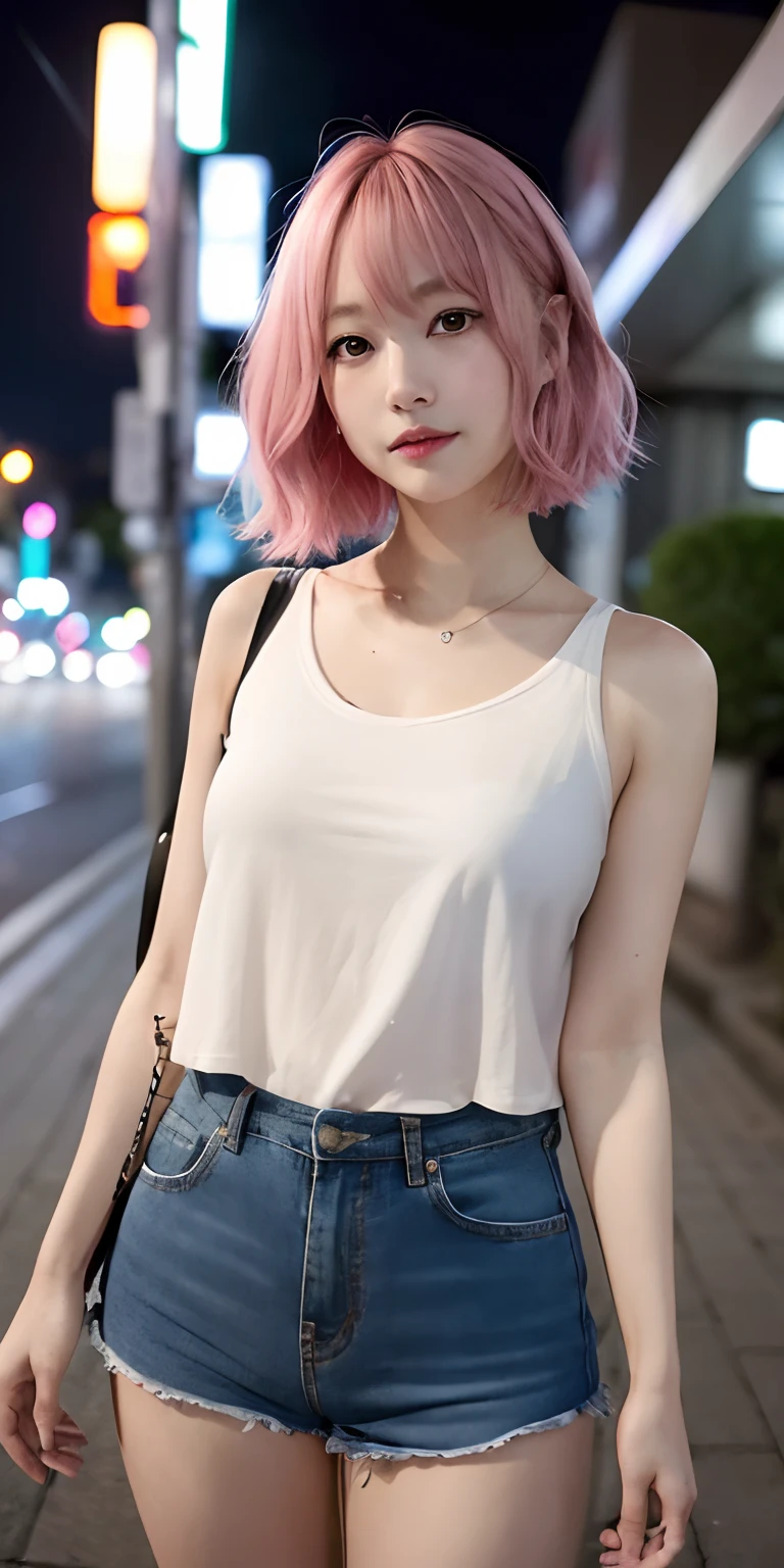 1人の女性、beautiful and flawless face。on tokyo street、natta、night cityscape、a closeup、short pants、A pink-haired、hair adornments、(Raw photography、top-quality、masterpiece:1.2)、(realisitic、photoRealstic:1.37)、