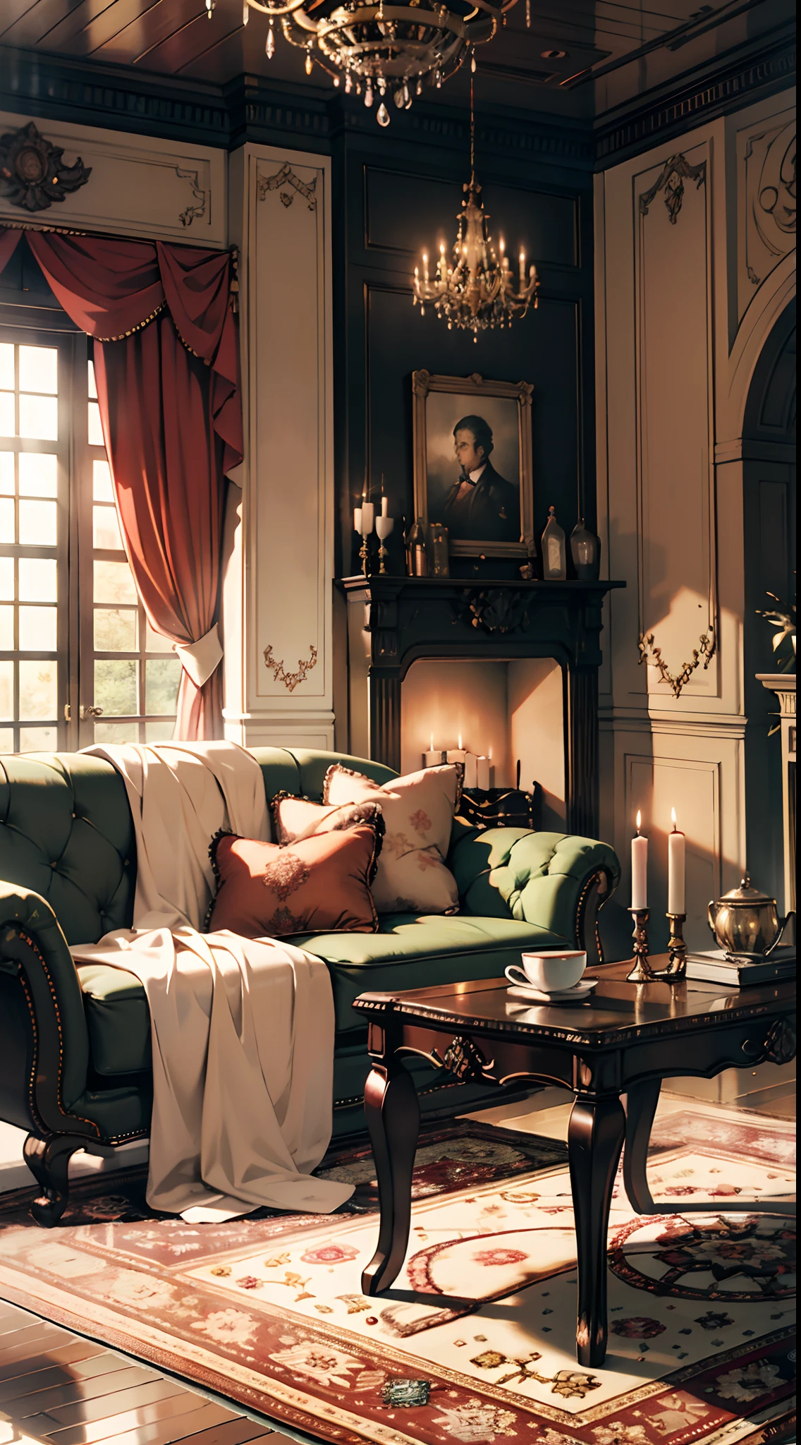 Photography, sofa, tea table, living room, curtains, waxy candles, decorations, wooden floor, carpet, fireplace