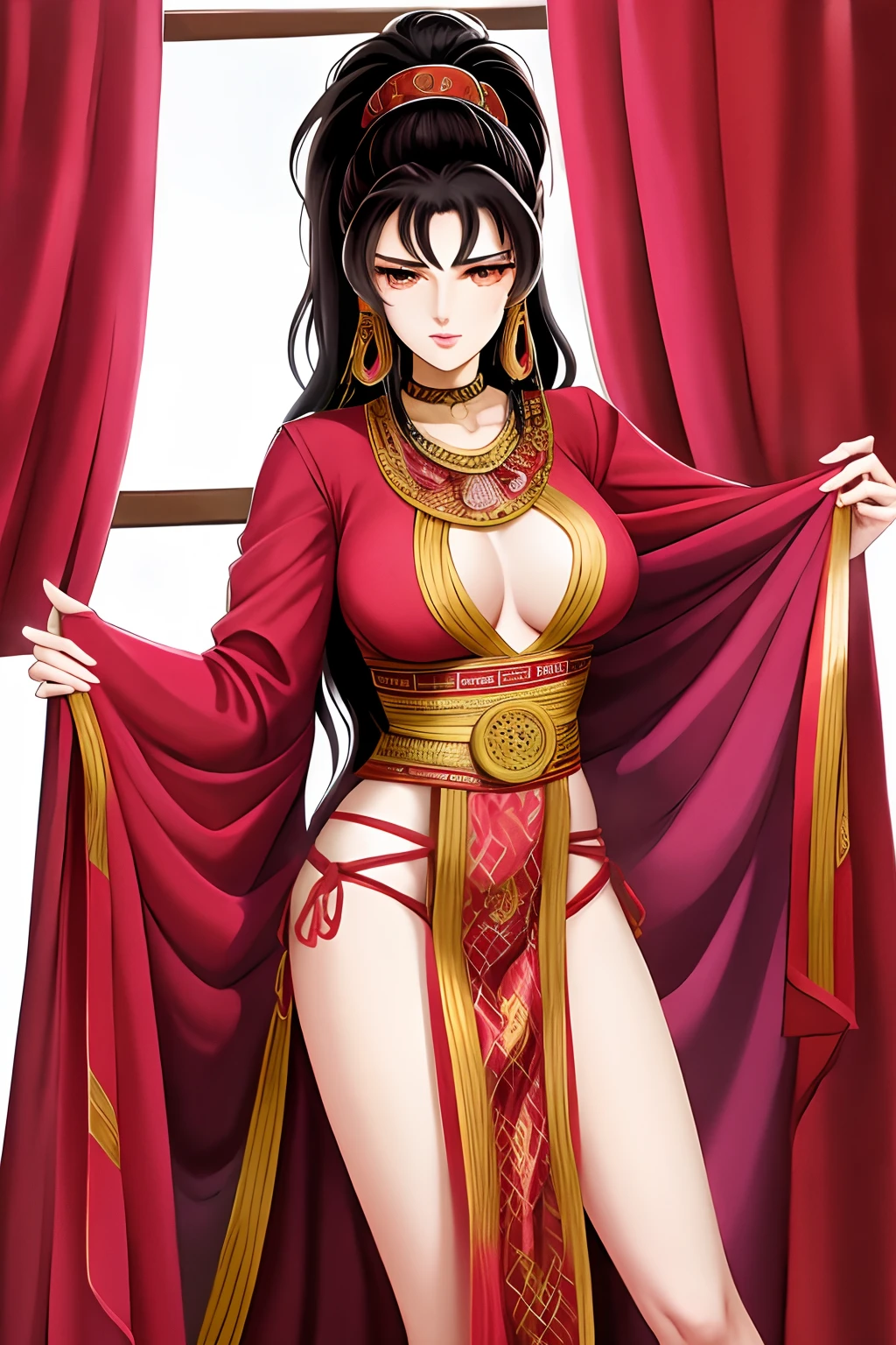 Uma bela mulher madura,usando roupas femininas hunfa wuxia,long hair up to the waist,cor negra,olhos escuros,roupa com vermelha com detalhes dourados,corpo escultural de uma musa,sensual,atraente,empunhando uma espada estilosa,next to an ancestral mansion