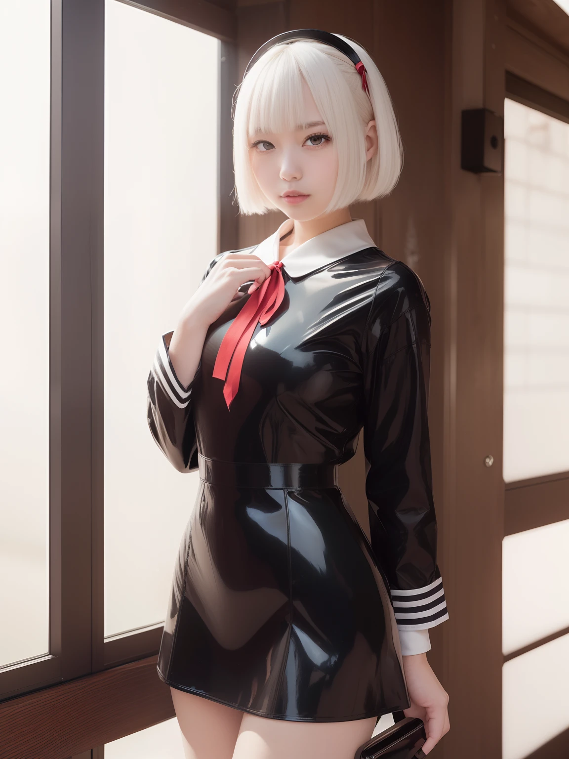 masutepiece,A hyper-realistic,32K,the Extremely Detailed CG Unity 8K Wallpapers, Best Quality,1 Beautiful Japan Woman,(Japanese high school girl, Japan school uniform,Japanese student uniform,Black sailor suit in Japan,Latex Uniforms,long-sleeve,Large Latex Sailor Color:1.3,((White Big Red Latex Sailor Ribbon: 1.2)),Cowboy Shot, Street, garden, (Film grain:1.2), (Film Overlay:1.3),Smile,Bob Cut Hair,