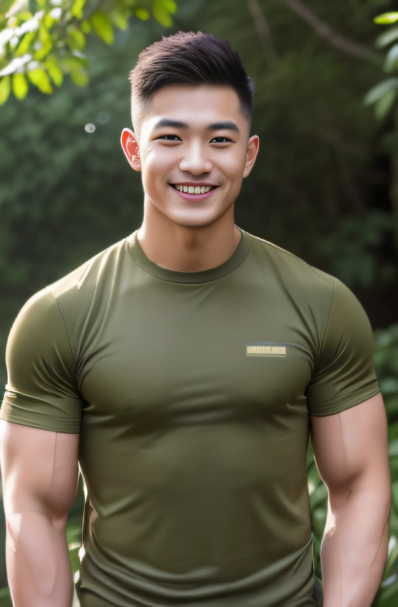 A handsome men ,20 age , Short Hair Hair, korea , Student，(((Wear a Thai military tactical lining shirt...))), full body view,smile ,Pectoral muscles, Big arm muscles,  Big muscles, Wide shoulders ,athlete , Upper body (1), It's raining: 1.3, gym: 1.2, body dripping wet: 1.1, Cycling