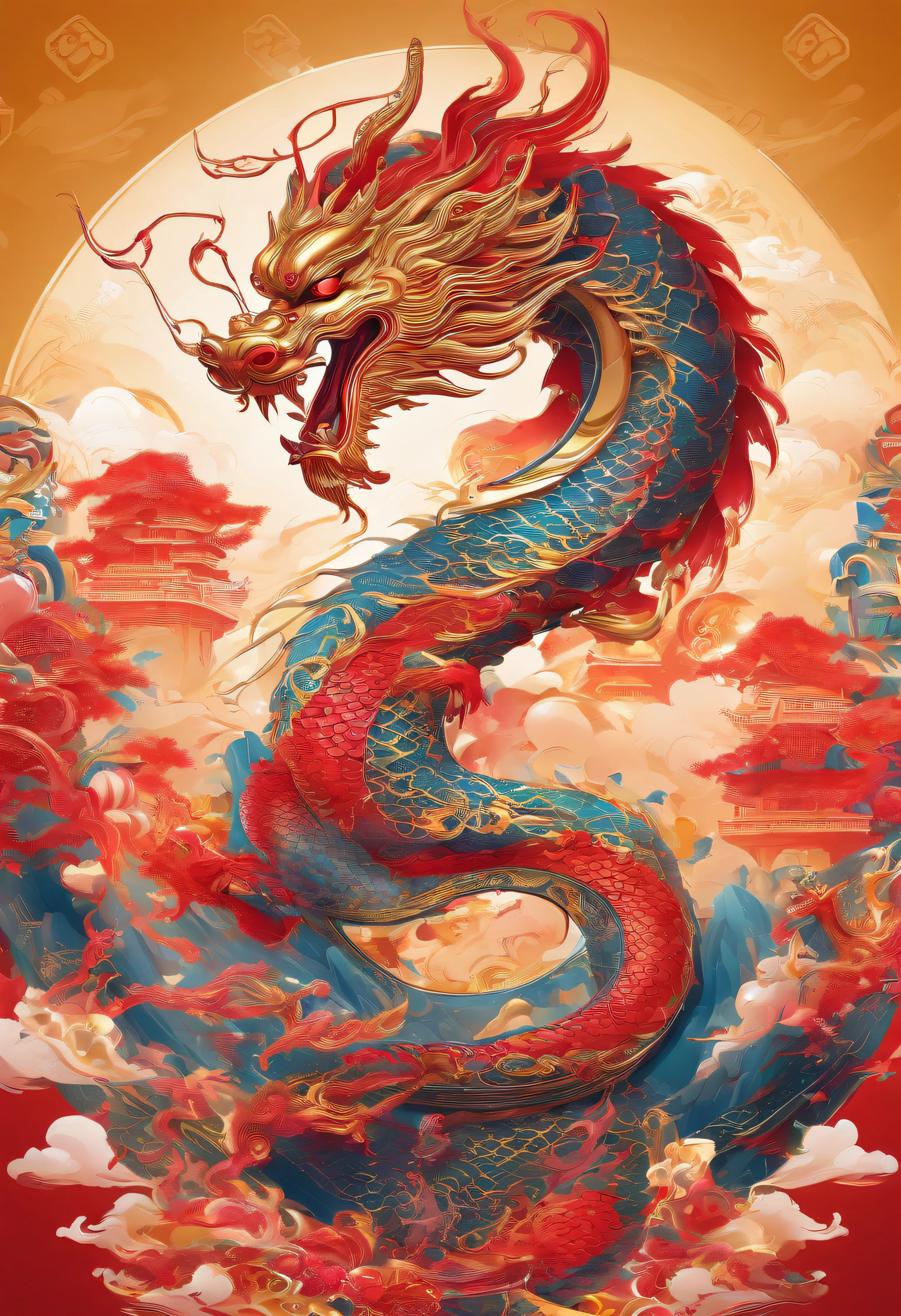 chinesedragon,Traditional Chinese culture,levitating,meander,Golden-bodied scales,Red tone,Neon blurred background,Splash ink,tmasterpiece,4K