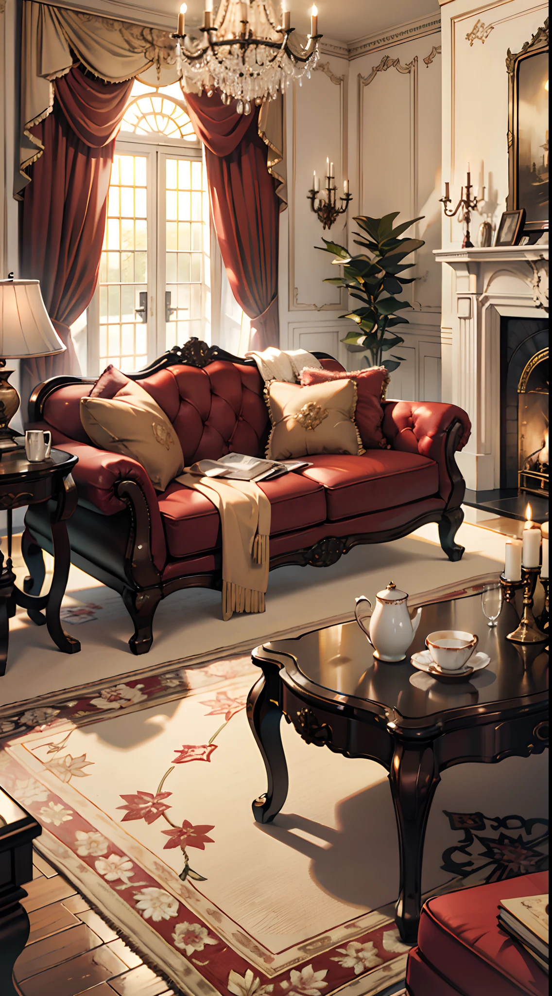 Photography, sofa, tea table, ( living room), curtains, waxy candles, decorations, wooden floor, carpet, fireplace