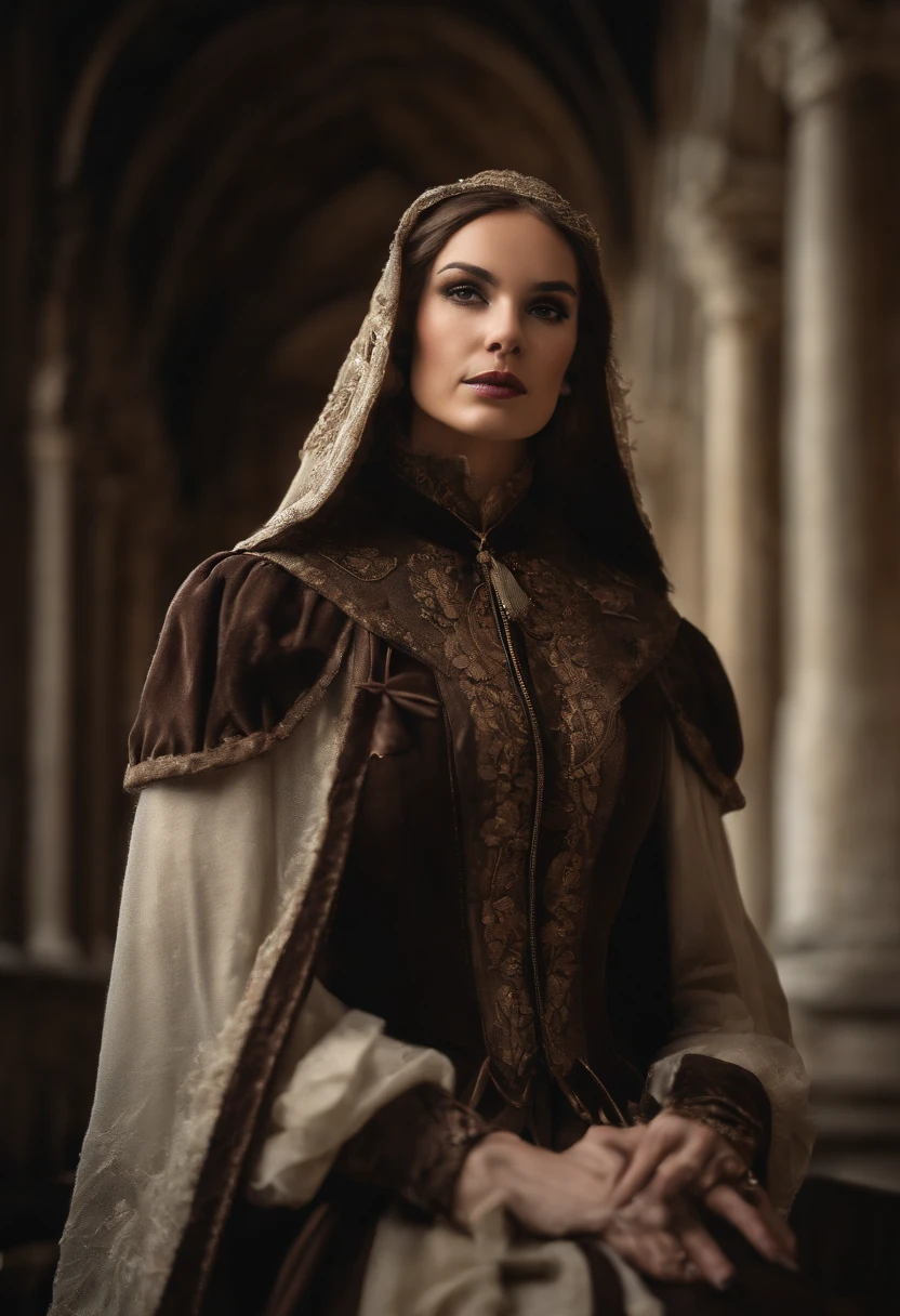 a model shot picture of a steampunk (1)nun in a church, an (exquisite beautiful woman: 1.4) nun, wearing nun habit, wearing black pantyhose, (best detailed face:1.3), (ultra feminine: 1.3), dynamic hair, long hair, wavy hair, blue eyes, intent eyes, wearing high heeled boots, photorealistic, 16k, RAW, award winning, (best detailed: 1.5), masterpiece, best quality, (best detailed: 1.3), full body, ultra wide shot, 3D rendering