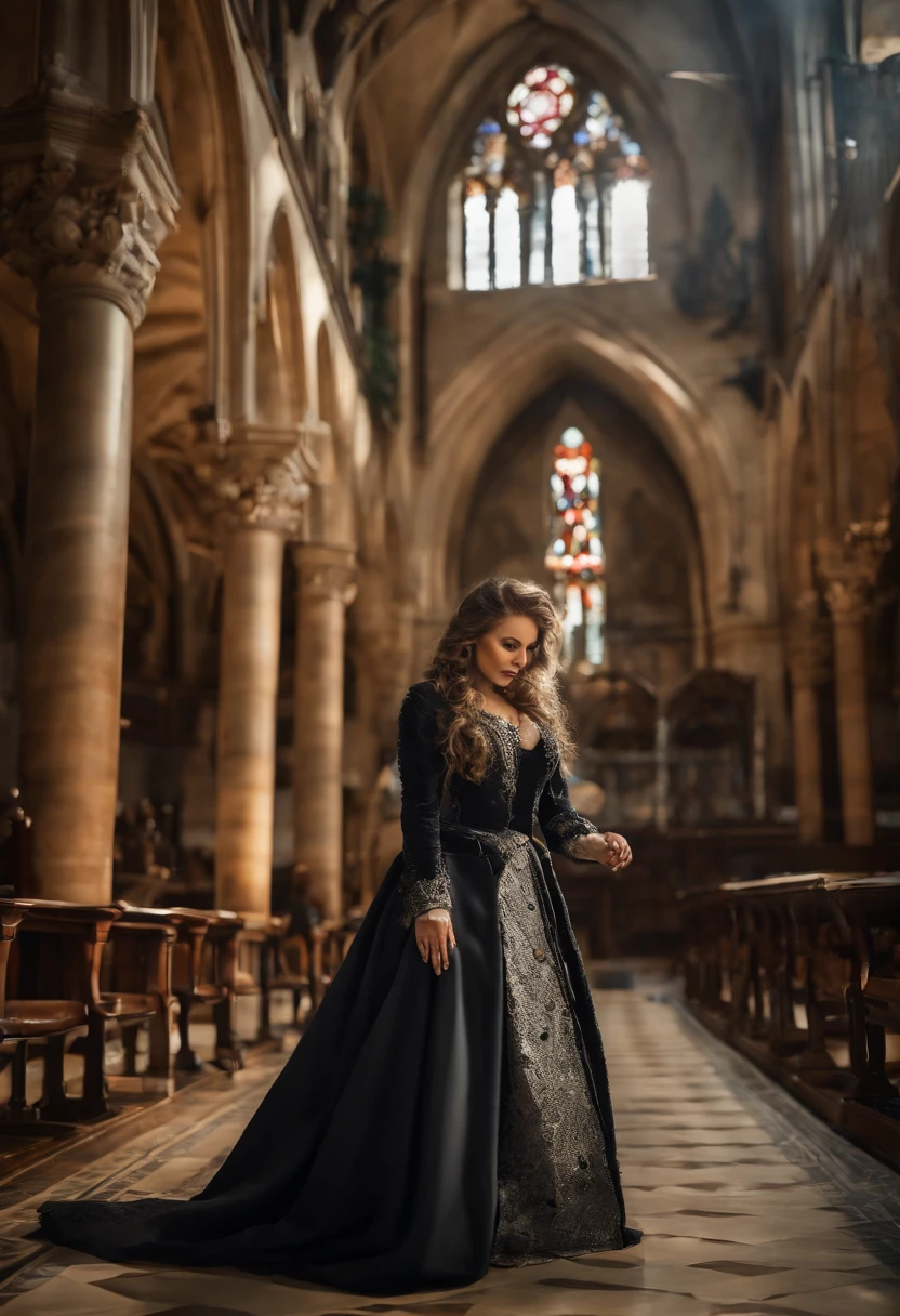 a model shot picture of a steampunk (1)nun in a church, an (exquisite beautiful woman: 1.4) nun, full body, wearing sexy nun habit, wearing black pantyhose, (best detailed face:1.3), (ultra feminine: 1.3), dynamic hair, long hair, wavy hair, blue eyes, intent eyes, wearing high heeled boots, photorealistic, 16k, RAW, award winning, (best detailed: 1.5), masterpiece, best quality, (best detailed: 1.3), full body, ultra wide shot, 3D rendering