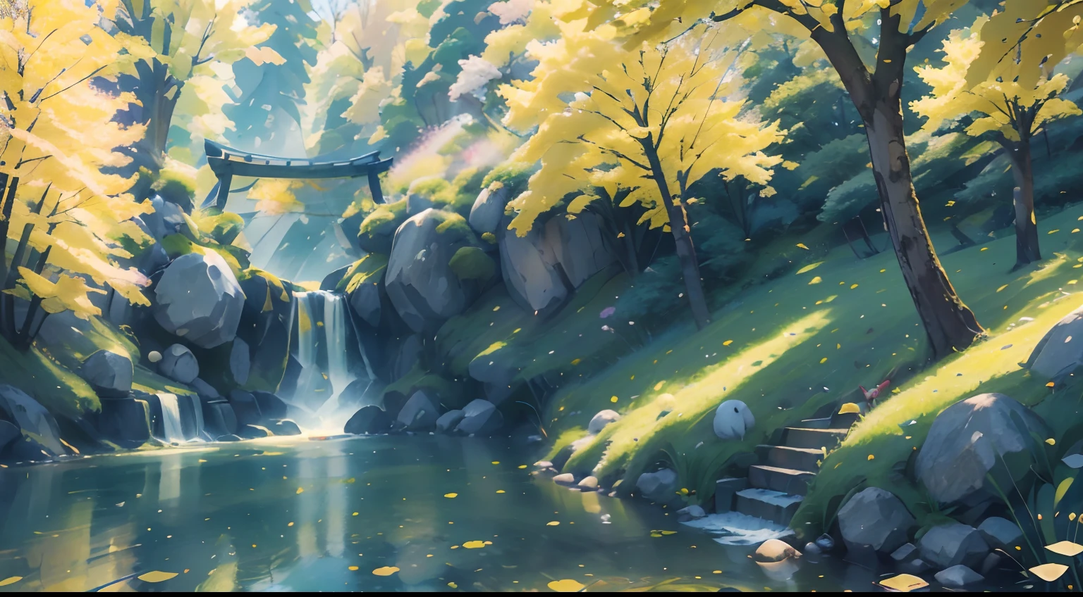 Yellow ginkgo tree，There is a cartoon ***********, A panda，*********** and panda walk under yellow ginkgo trees, There are a lot of ginkgo leaves on the ground，Overlooking, landscape,Morning, Soft light, Ray tracing, ghibli artstyle, hand painted style