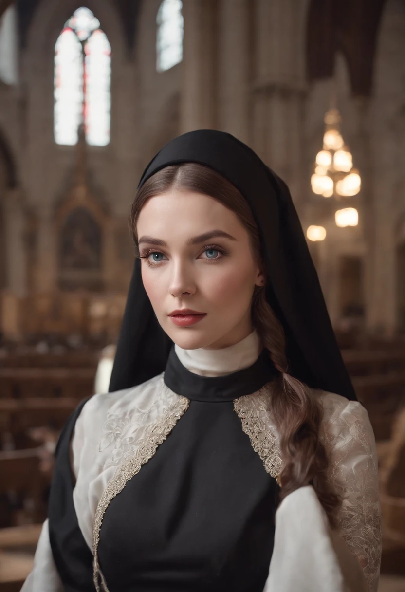 a model shot picture of a steampunk (1)nun in a church, an (exquisite beautiful woman: 1.4) nun, wearing nun habit, wearing black pantyhose, (best detailed face:1.3), (ultra feminine: 1.3), dynamic hair, long hair, wavy hair, blue eyes, intent eyes, wearing high heeled boots, photorealistic, 16k, RAW, award winning, (best detailed: 1.5), masterpiece, best quality, (best detailed: 1.3), full body, ultra wide shot, 3D rendering