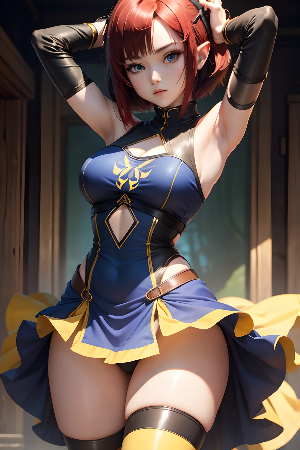 Zelda, waifu, , black red hair, blue eyes, short hair, armpit, short dress, see panties, Big legs, transparent yellow black dress, Big hips,