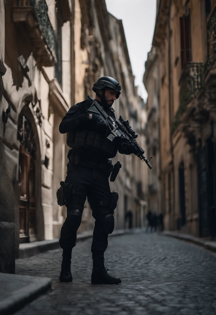 male French soldier, male focus, black SWAT outfit, he is on the side of an Armored SWAT car, in a city, he is heavily armed with a rifle, city backdrop, ultra detailed scenery, ultra sharp focus