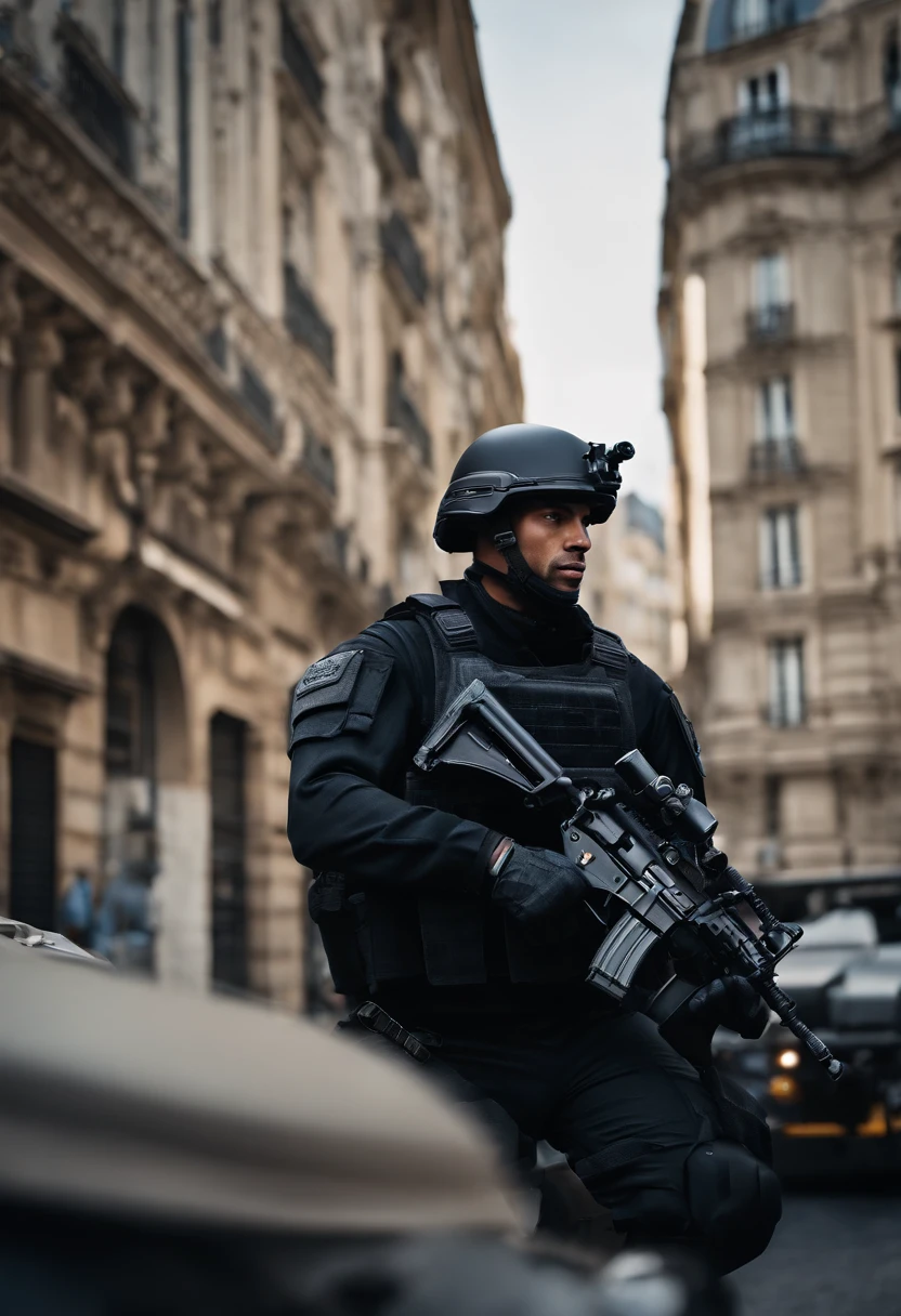 male French soldier, male focus, black SWAT outfit, he is on the side of an Armored SWAT car, in a city, he is heavily armed with a rifle, city backdrop, ultra detailed scenery, ultra sharp focus