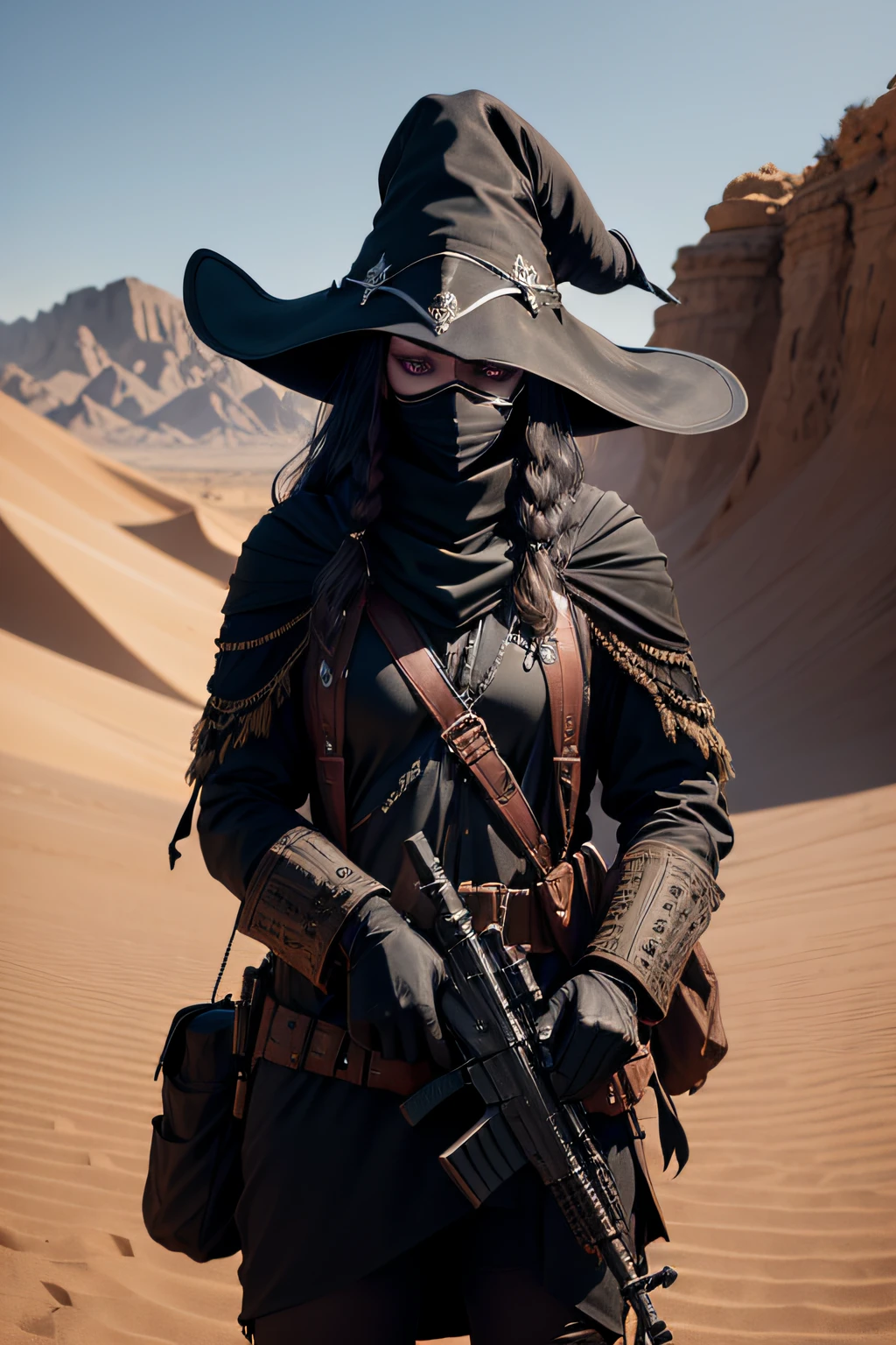 dark art darkweb pirate malefique, Utilisation d'un masque anonyme, Utilisation d'un chapeau capitaine, Utilisation d'un fusil sniper, in the desert, darkness,obscur,4K