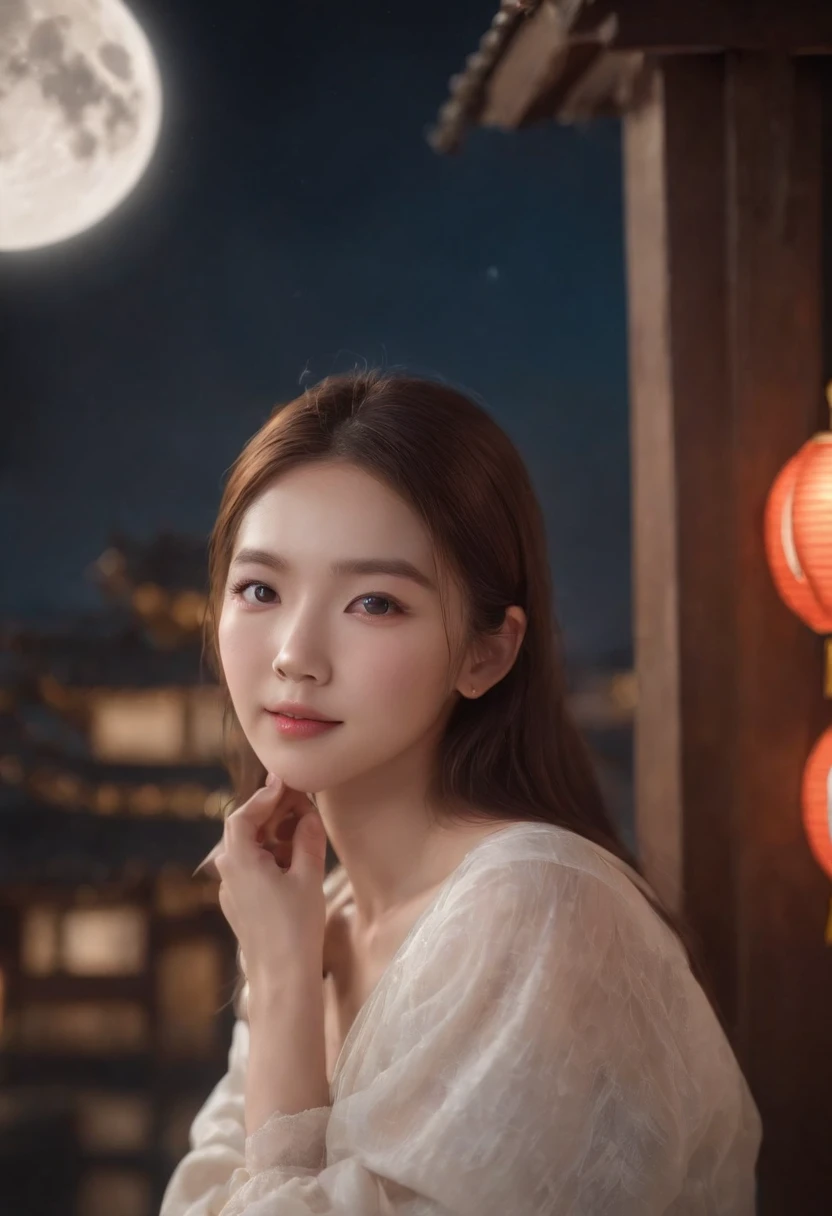 mid-autumn festival，Stars shine，Colorful，A huge moon floats over the city，pretty and cute，Kids Illustration，glow effect，dingdall effect，depth of fields，highlight，Real Light，Ray traching，OC rendering，Hyper-realistic，best qualtiy，8K，Works of masters，super-fine，Detailed pubic hair，Correct anatomy，sharp focus on eyes，Bokeh，Facial features are carefully drawn，Mother，Making mooncakes，Lantern glows
